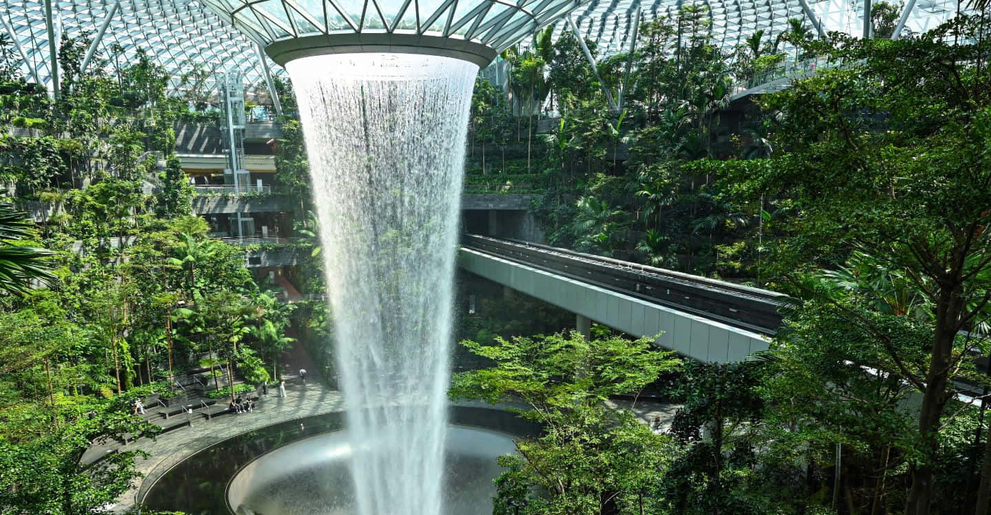 Botanical Garden, indoor waterfall, lush green conservatory, HD Desktop Wallpaper
