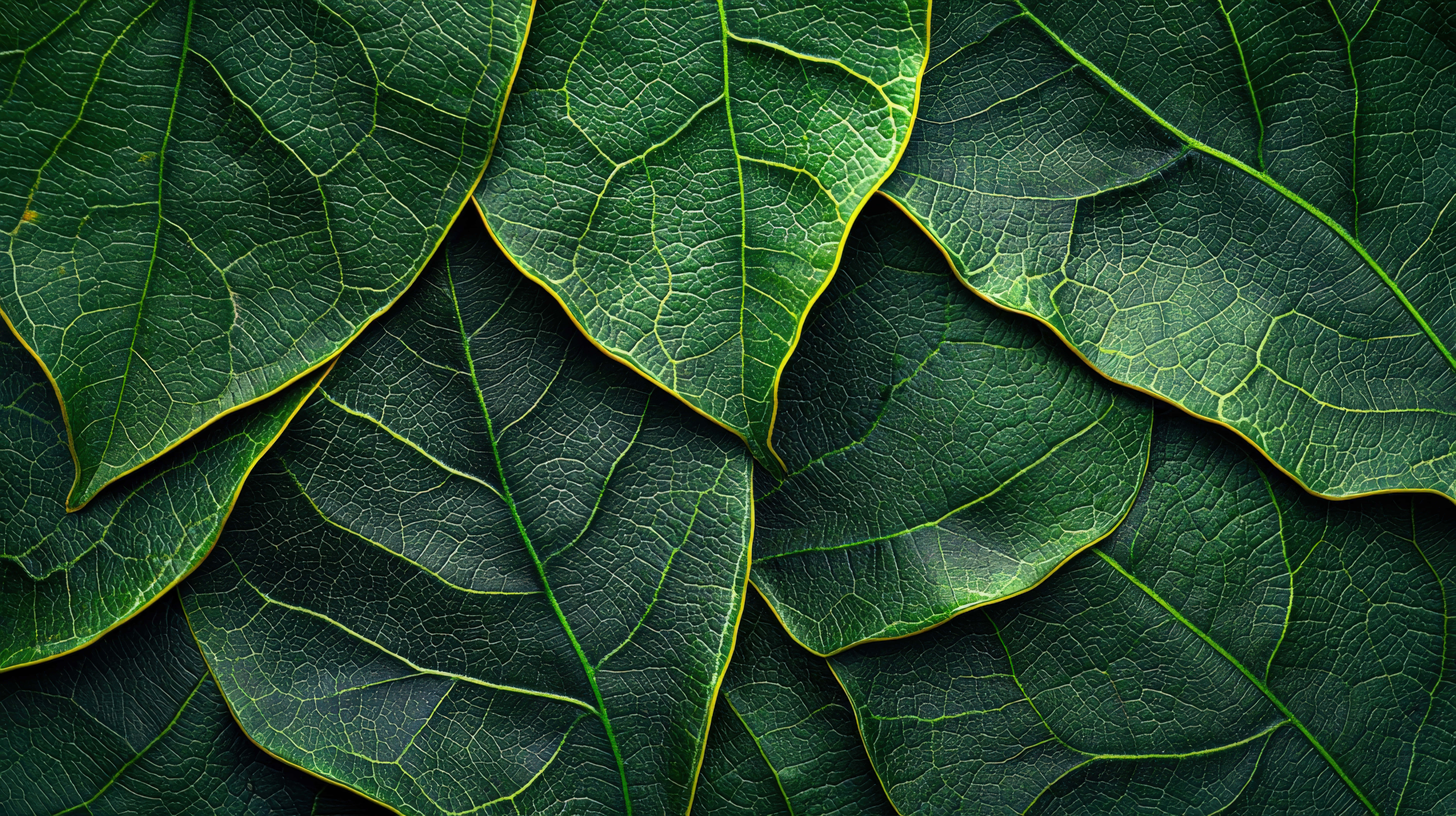 deep green leaves, vivid yellow veins, intricate surface textures, 8K Desktop Wallpaper