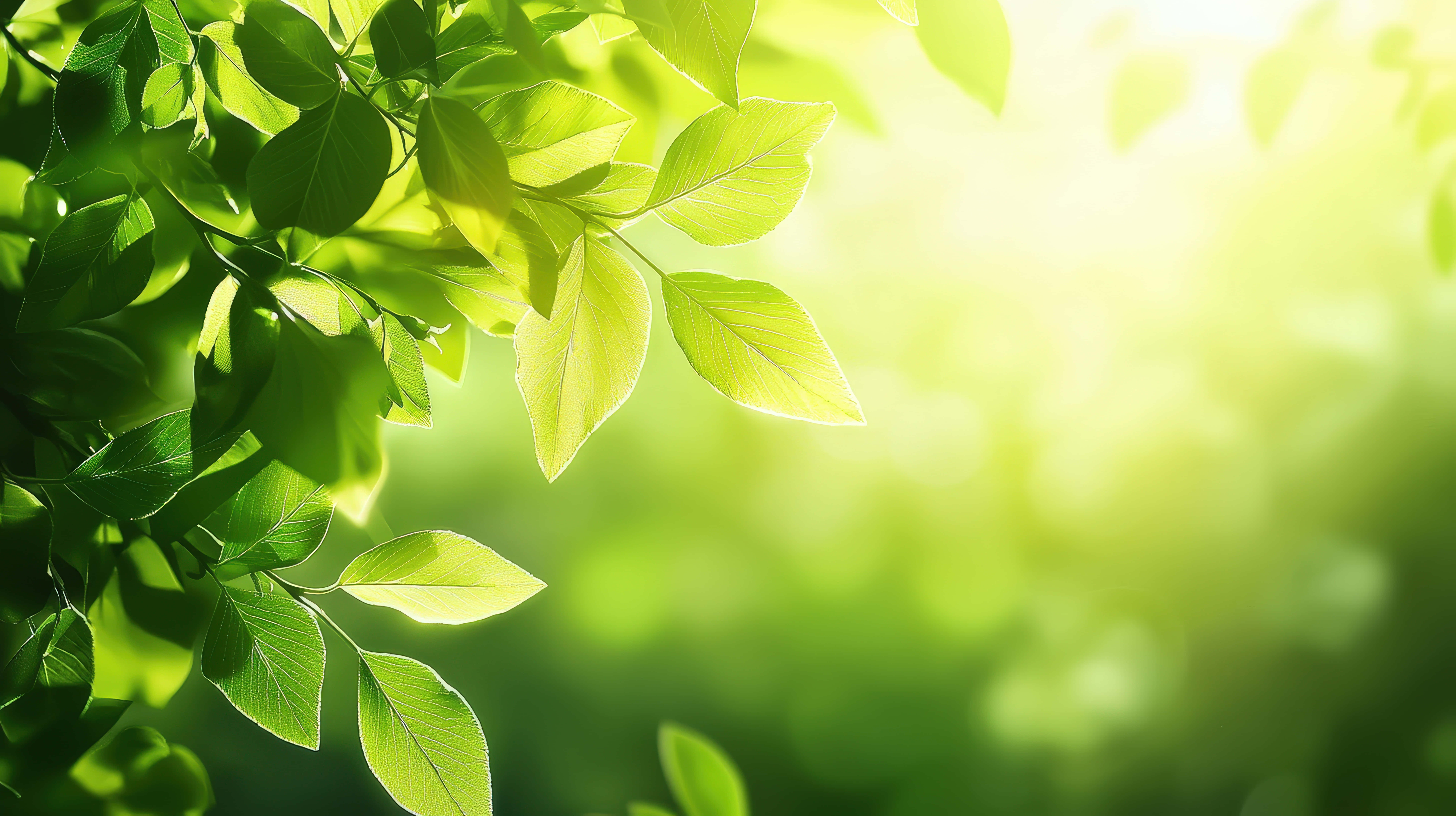sunlit green leaves, soft blurred background, vibrant green leaves, 8K Desktop Wallpaper