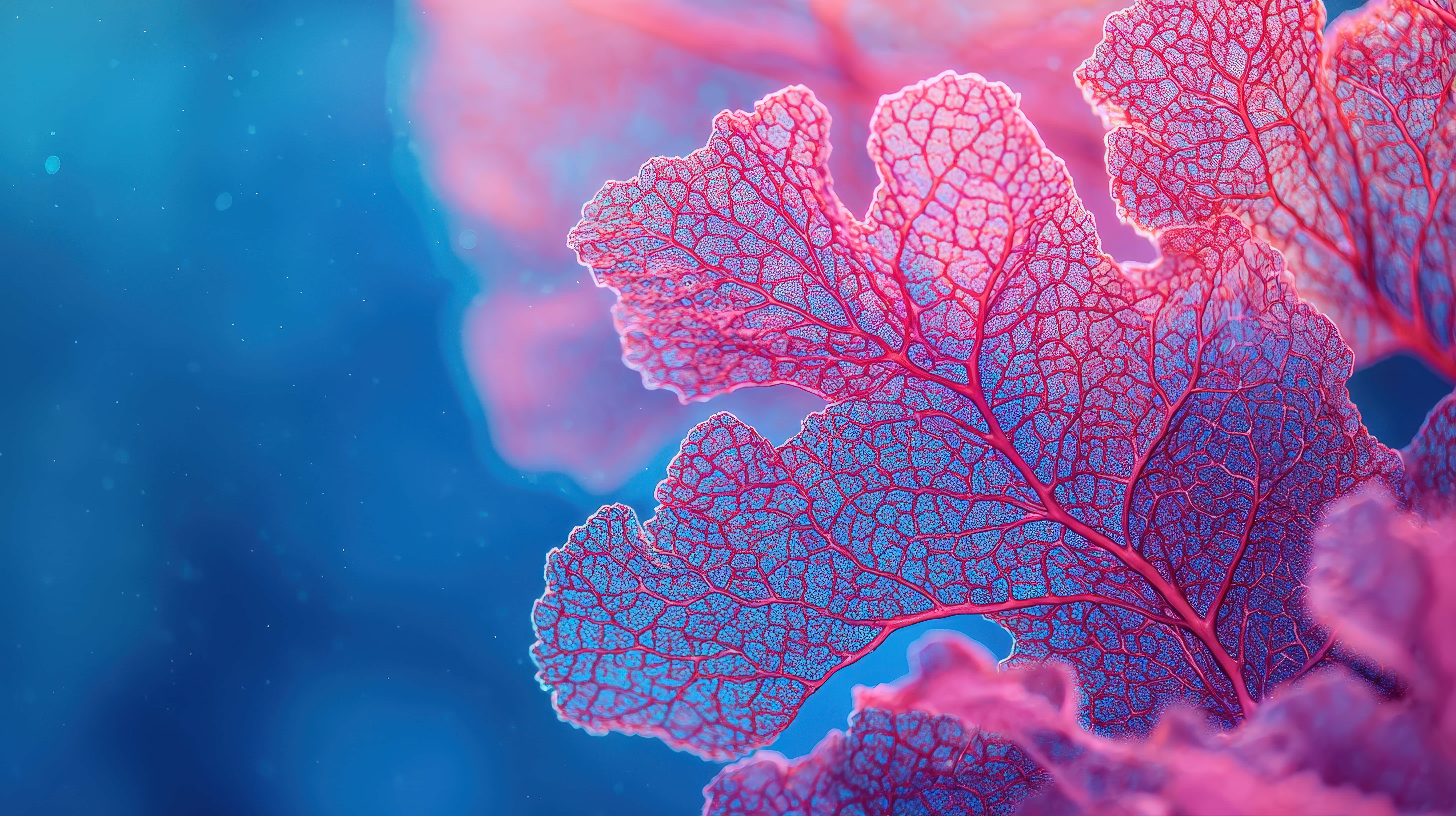 vibrant pink coral, intricate red vein patterns, deep blue underwater backdrop, 8K Desktop Wallpaper