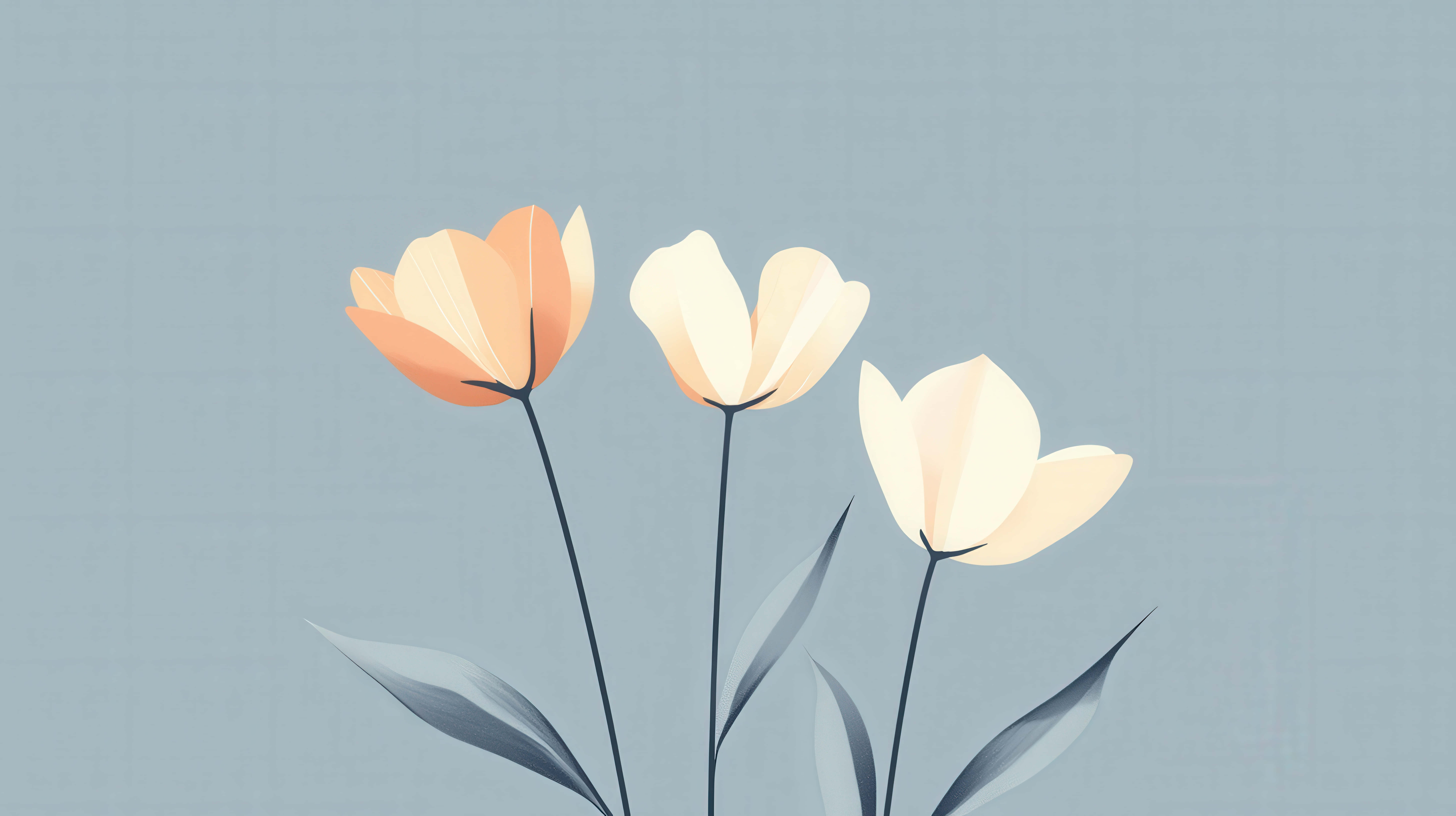 pastel colored flowers, soft blue background, peach cream, 8K Desktop Wallpaper