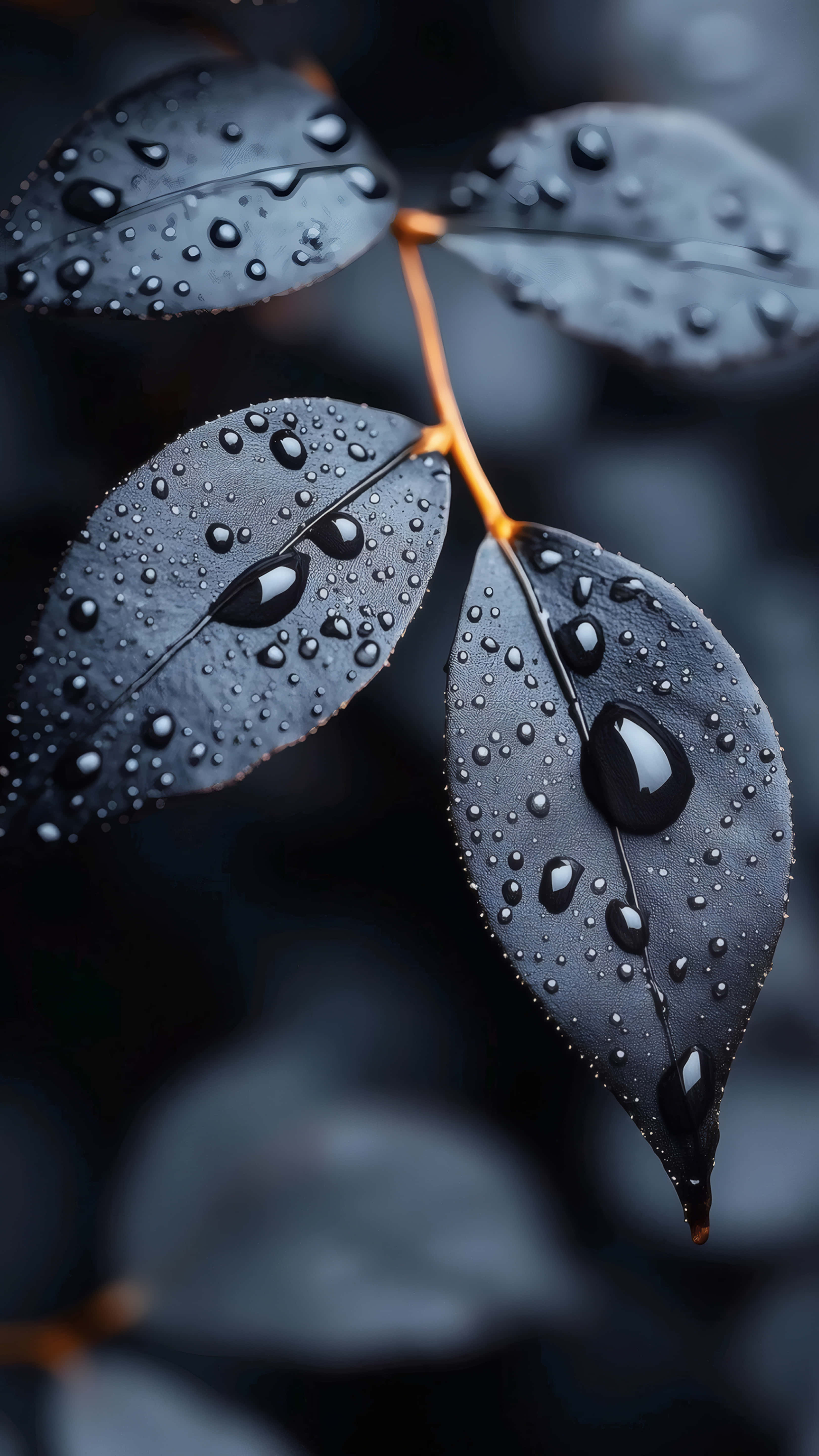 dark matte leaves, vibrant orange stem, glistening water droplets, 5K Phone Wallpaper