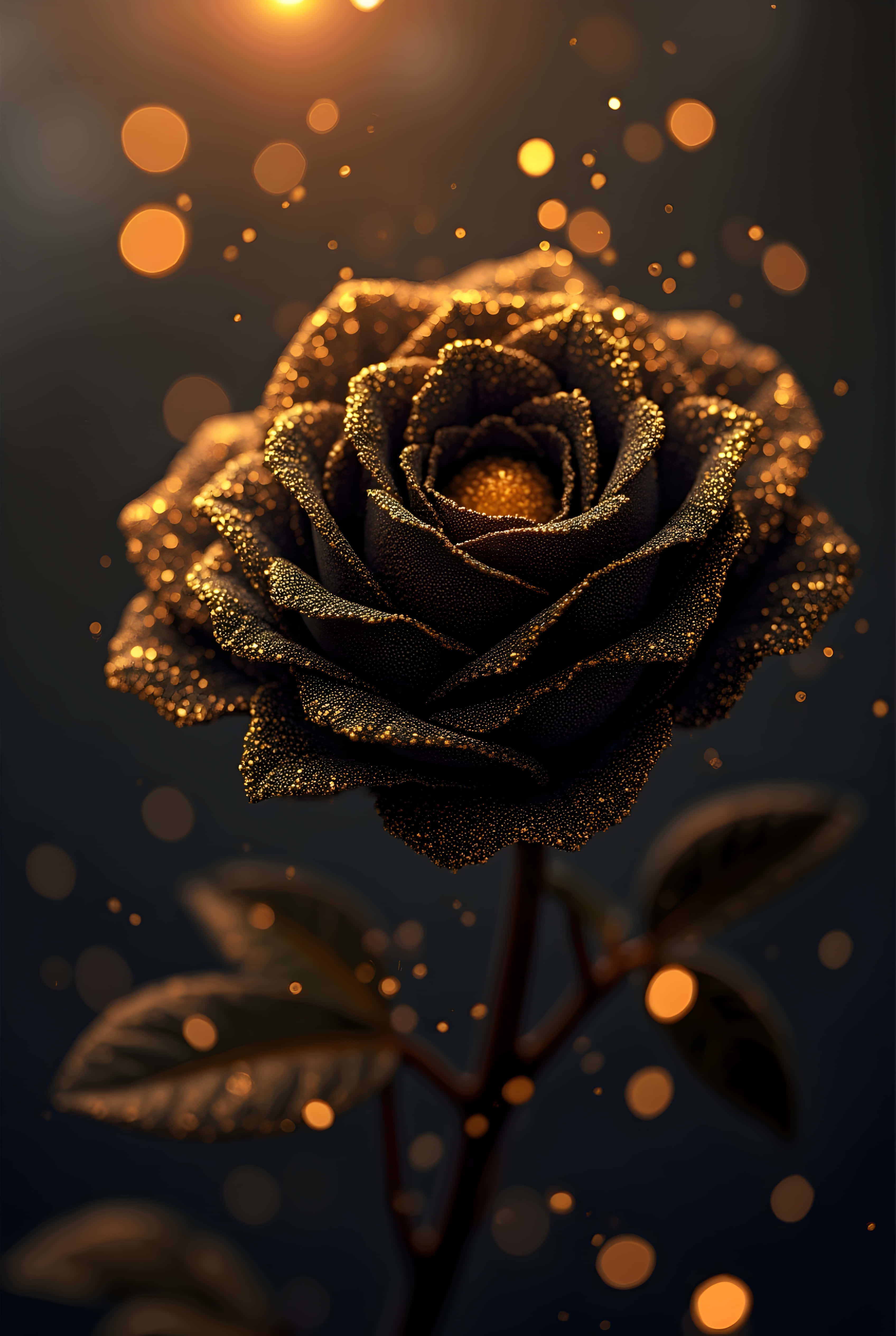 golden edge black rose, golden glittering petals, glowing bokeh lights, 4K Phone Wallpaper
