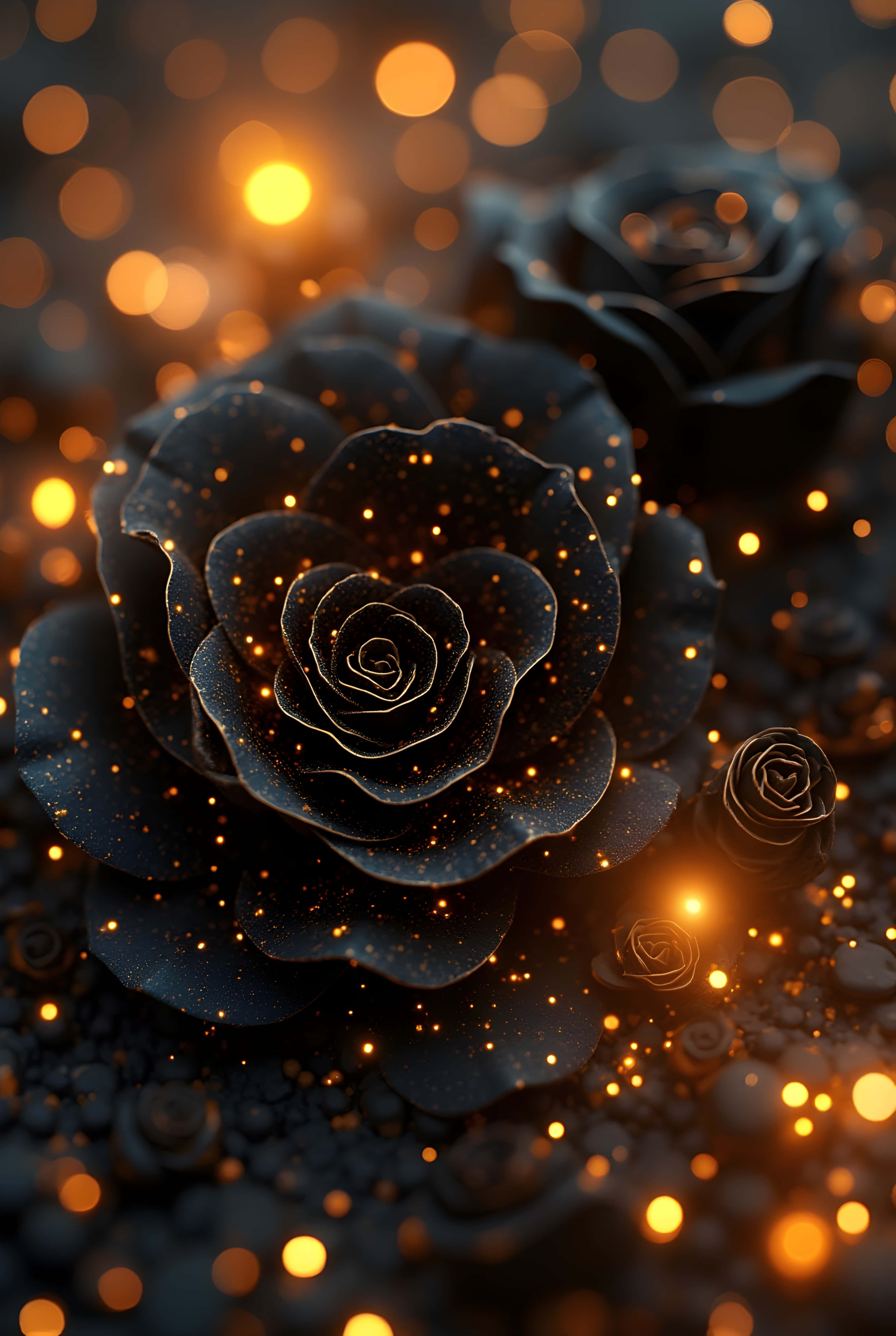 midnight bloom, glossy black roses, golden glitter particles, 4K Phone Wallpaper