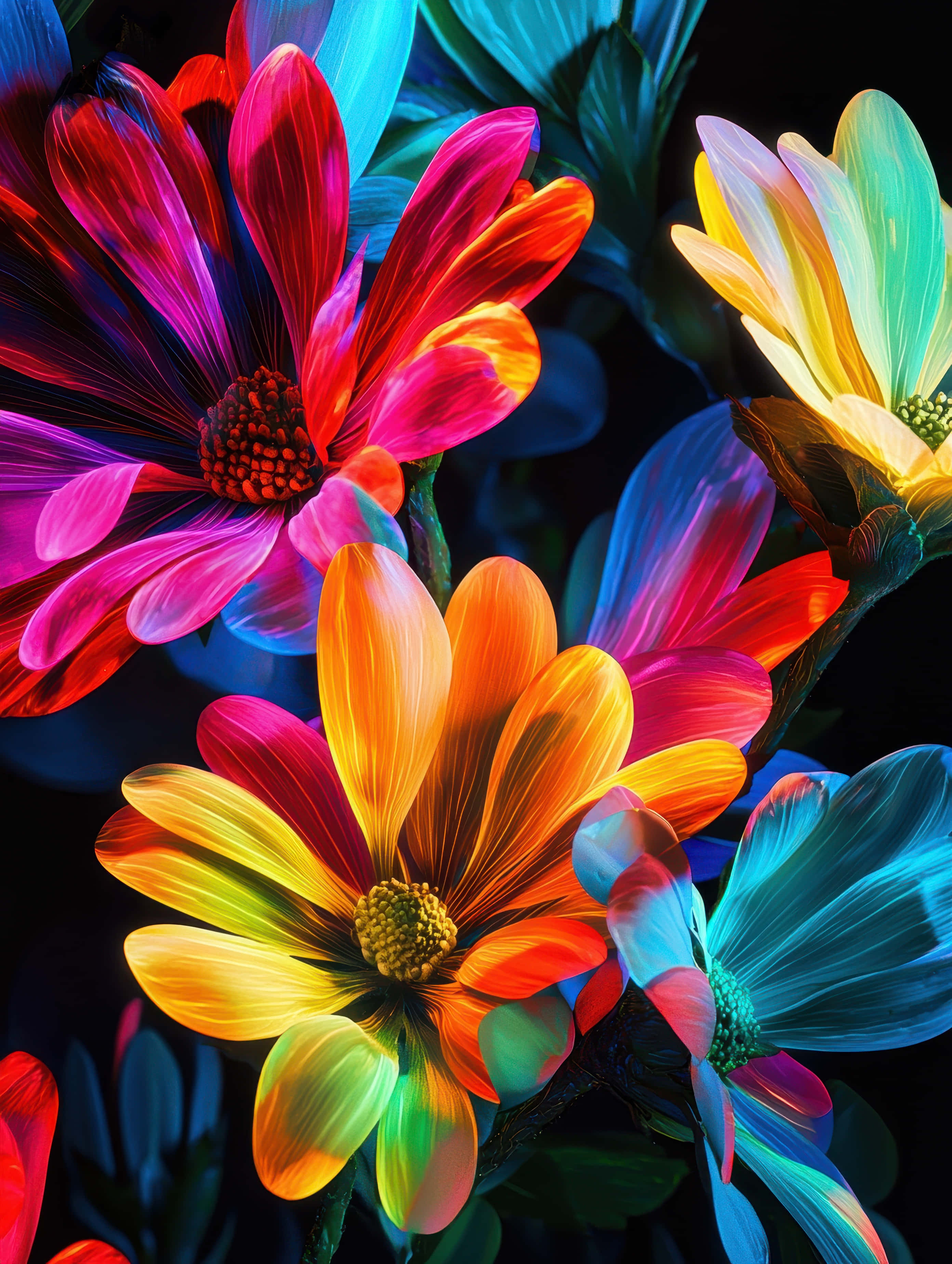 vibrant rainbow colored flower pedals, glowing in the dark, neon flowers, 2K Phone Wallpaper