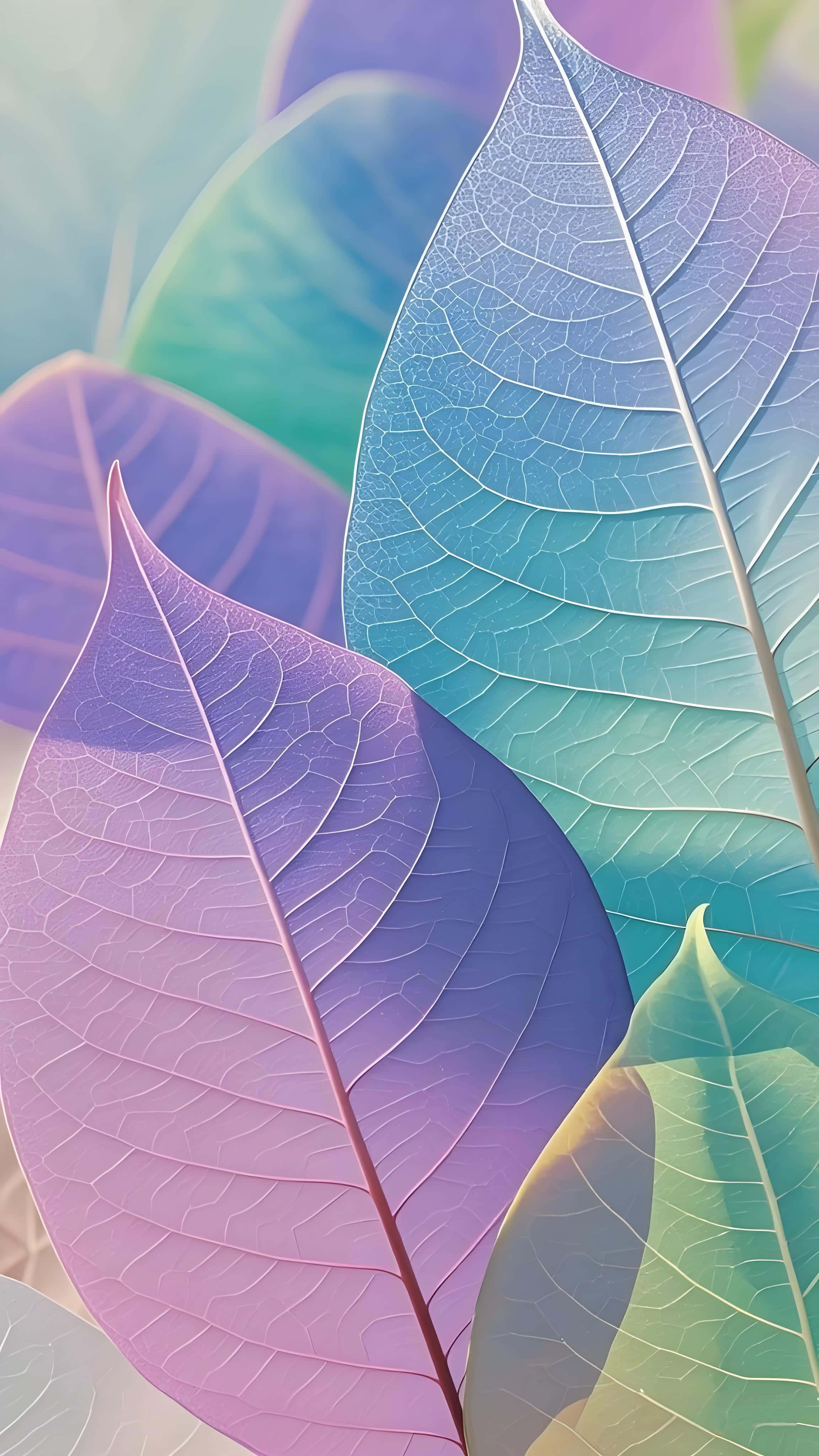 colorful leaf veins, translucent leaves, gradient hues of purple blue and green, 4K Phone Wallpaper