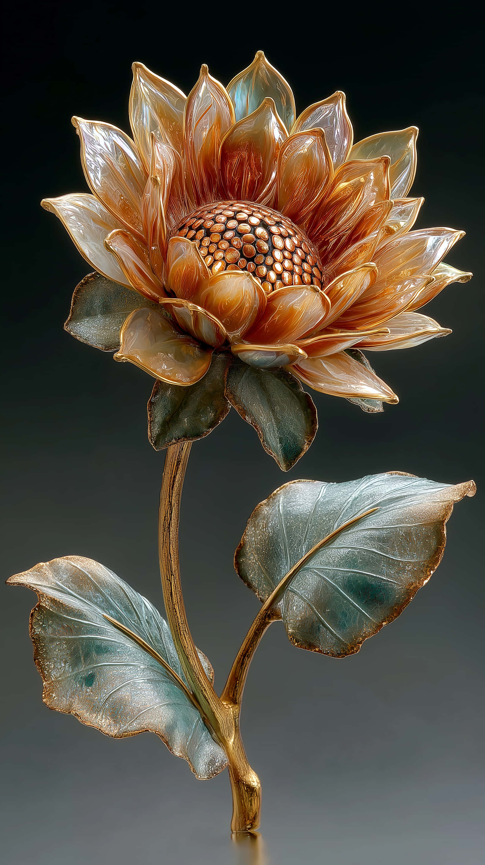 shimmering lacquer flower sculpture, gold accents, sunflower, 2K Phone Wallpaper