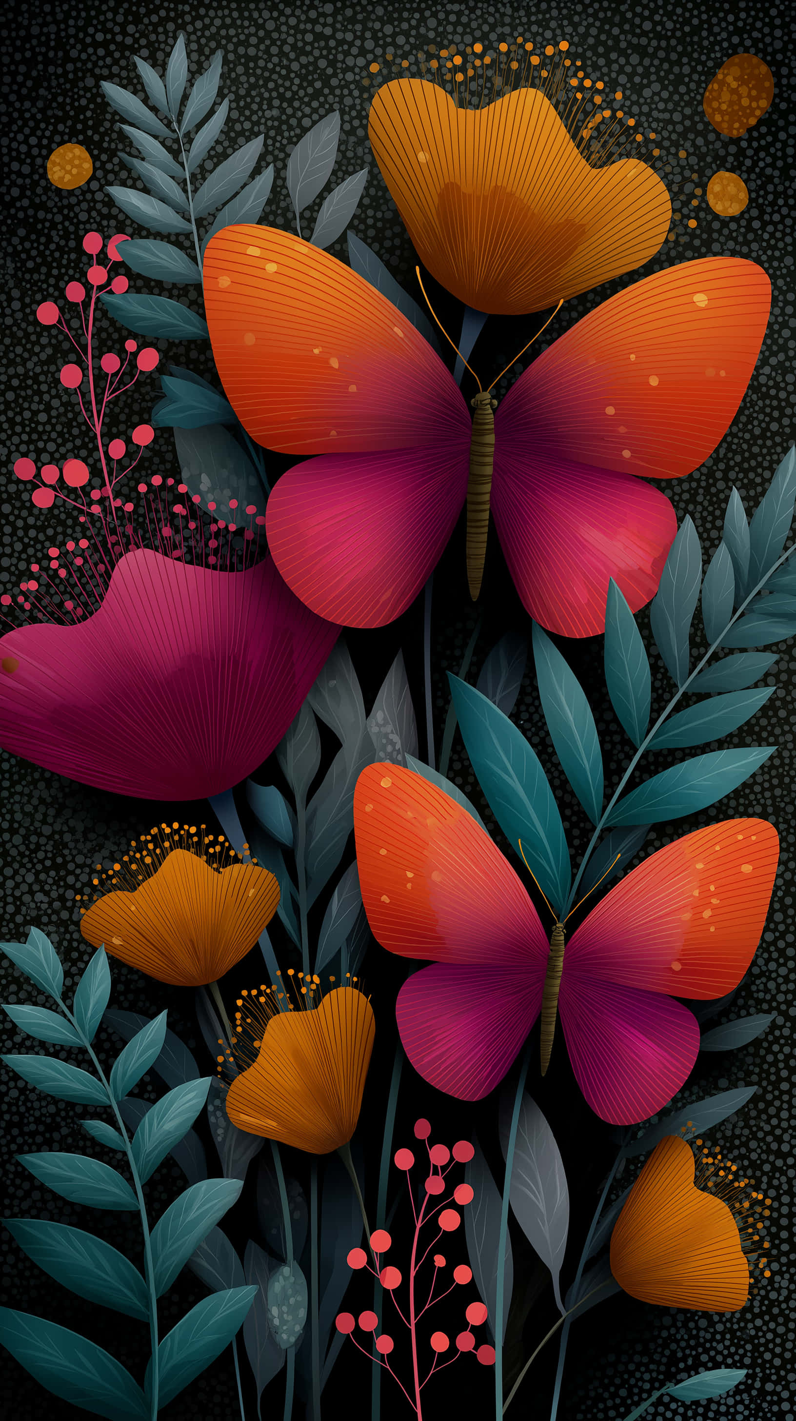 vibrant orange butterflies, magenta butterflies, textured wings, 2K Phone Wallpaper