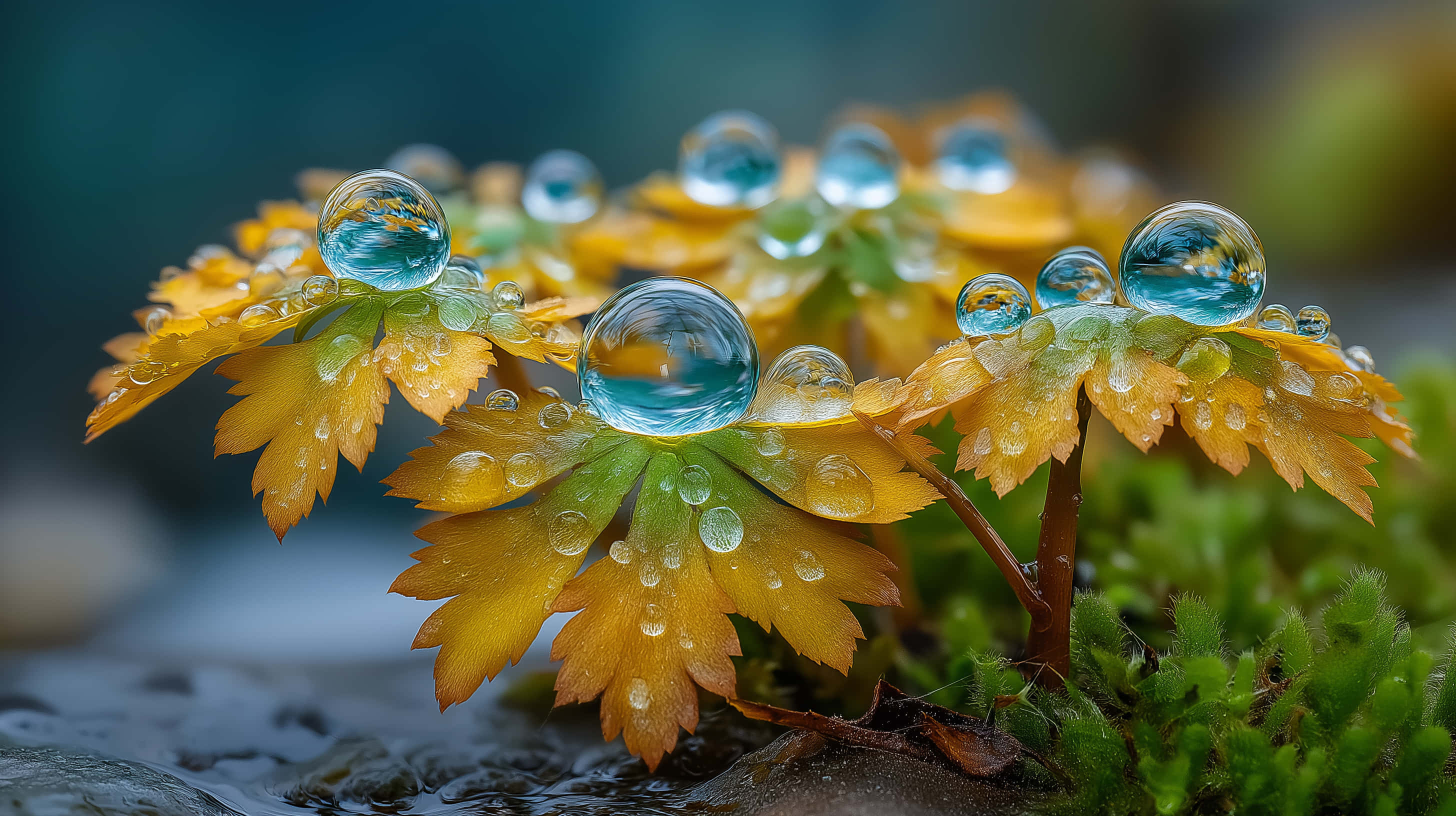 glistening water droplets, vibrant yellow leaves, mossy ground, 2K Desktop Wallpaper