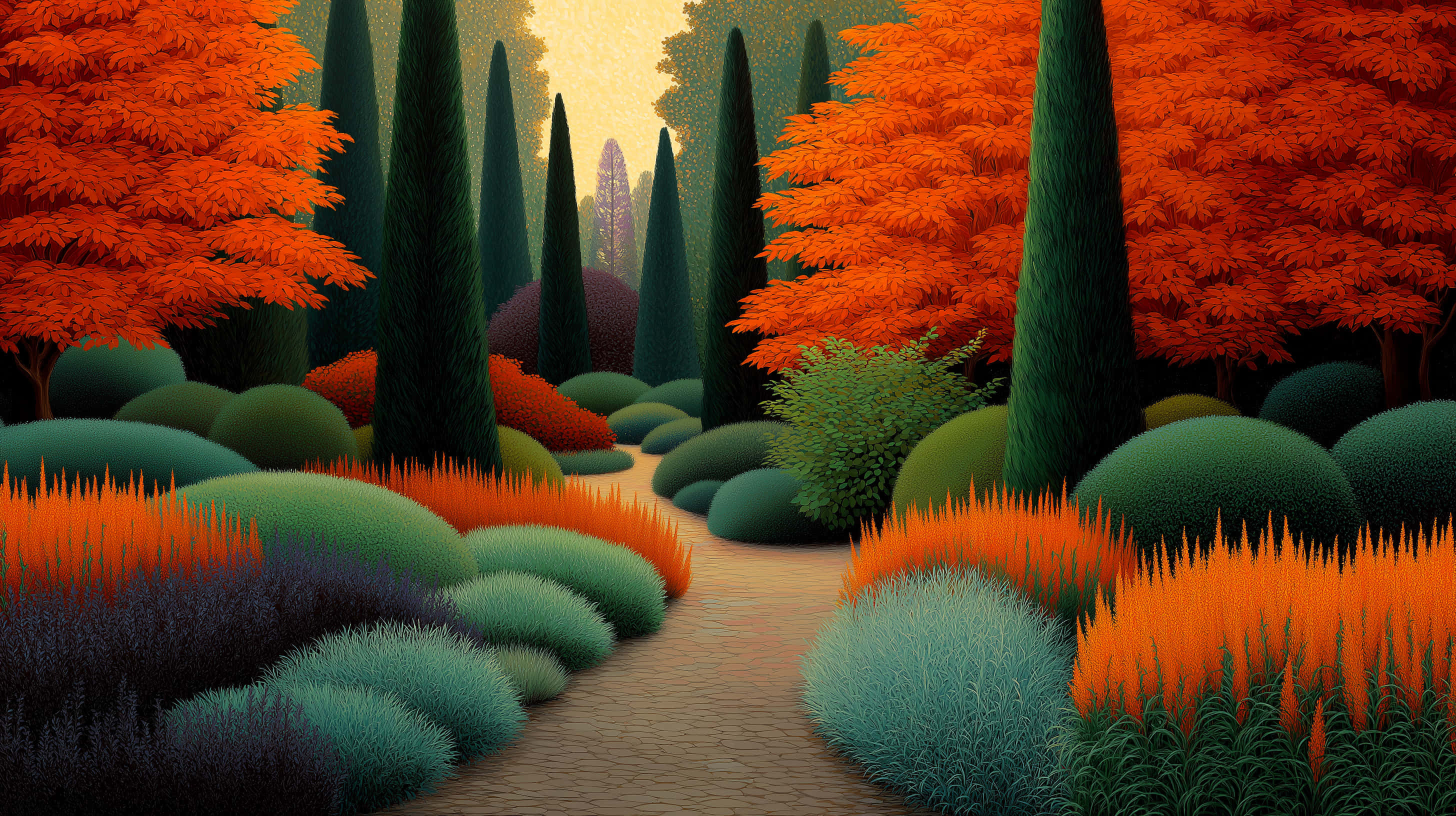 vibrant autumn garden path, conical trees, fiery orange trees, 2K Desktop Wallpaper