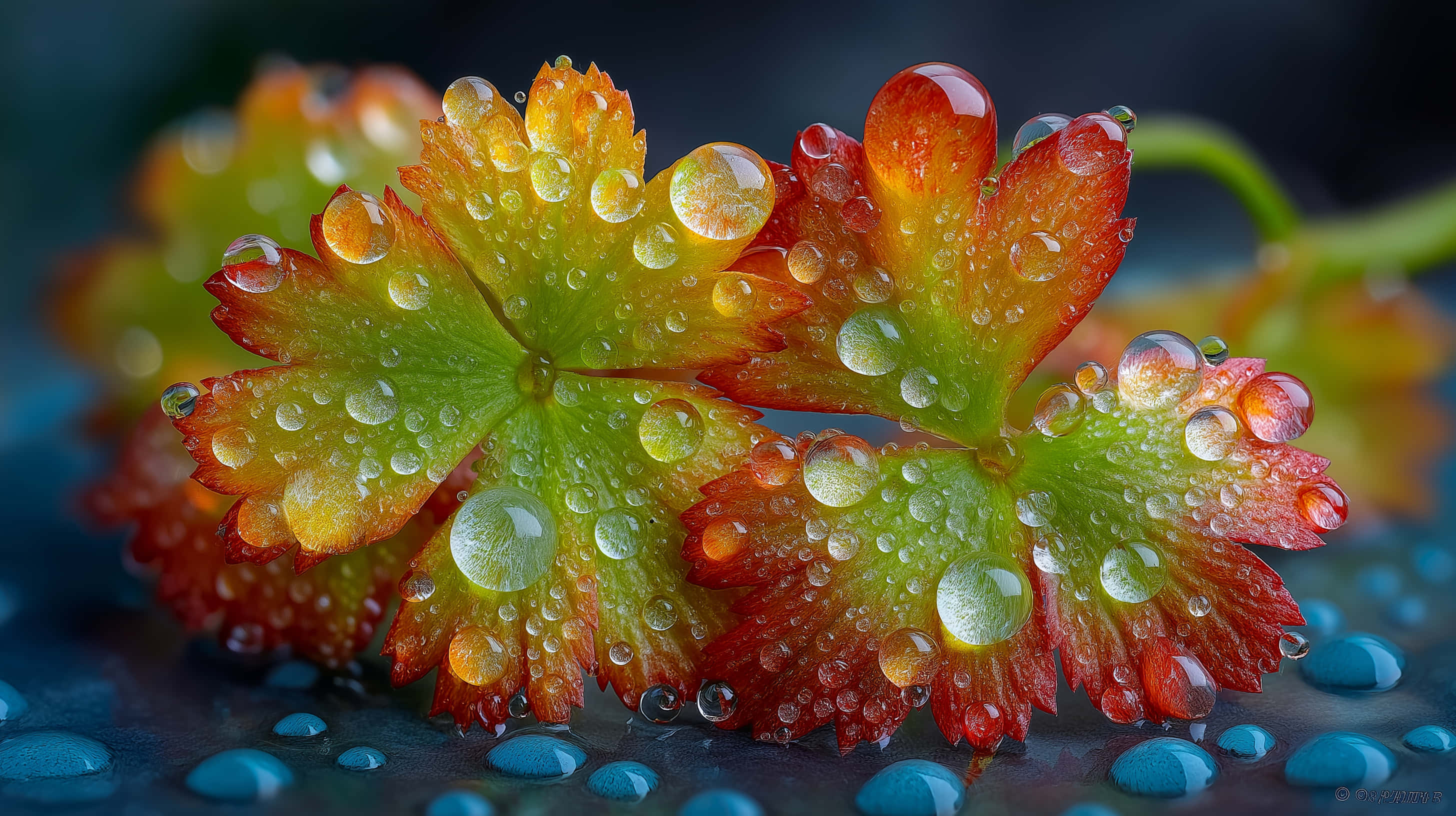 vibrant red and green leaf clusters, glistening water drops, dark blue background, 2K Desktop Wallpaper