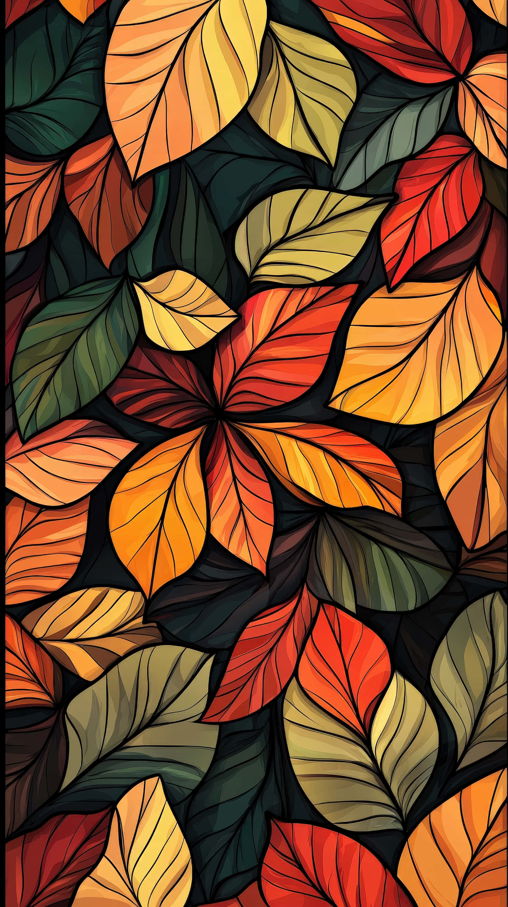 autumn leaves, hand drawn artistic pattern, stained glass pattern, 2K Phone Wallpaper