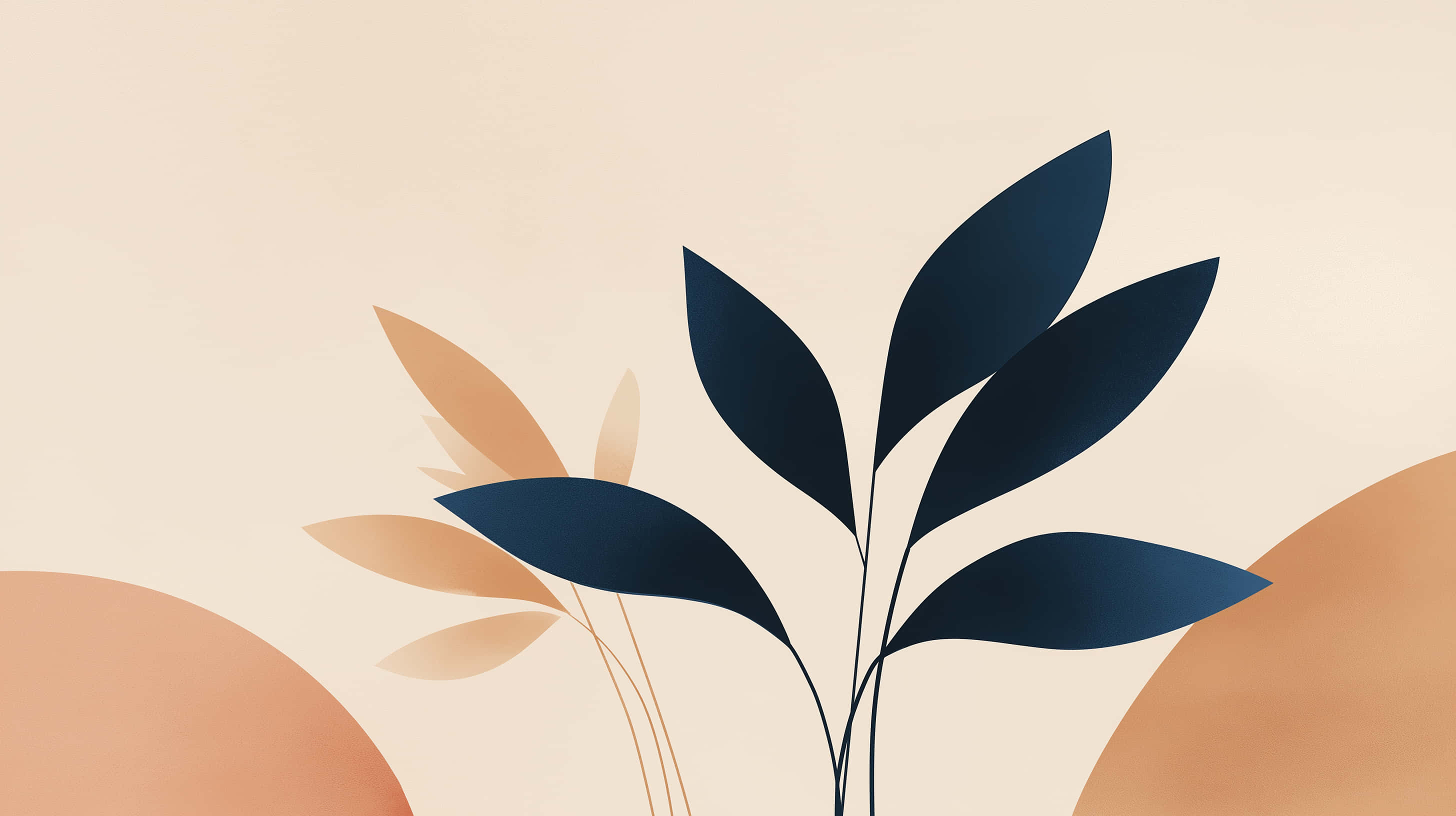 dark blue leafy plant silhouette, soft beige background, peach abstract shapes, 2K Desktop Wallpaper