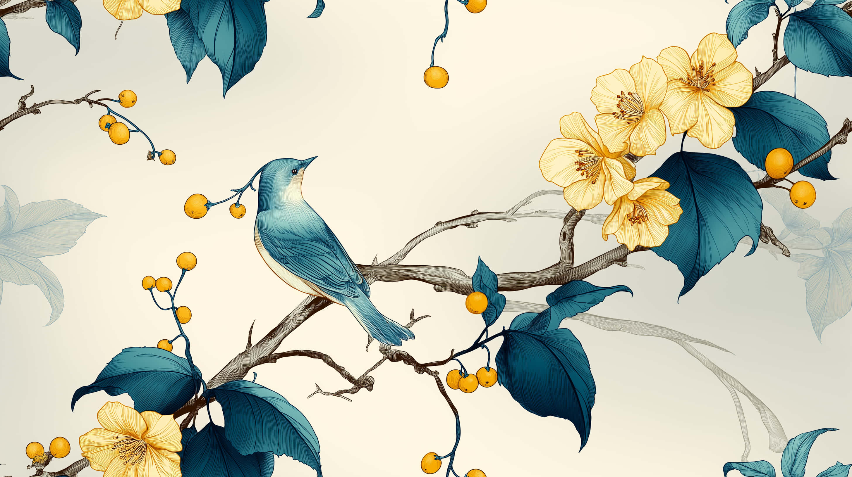 blue bird, branch, yellow flowers, 2K Desktop Wallpaper