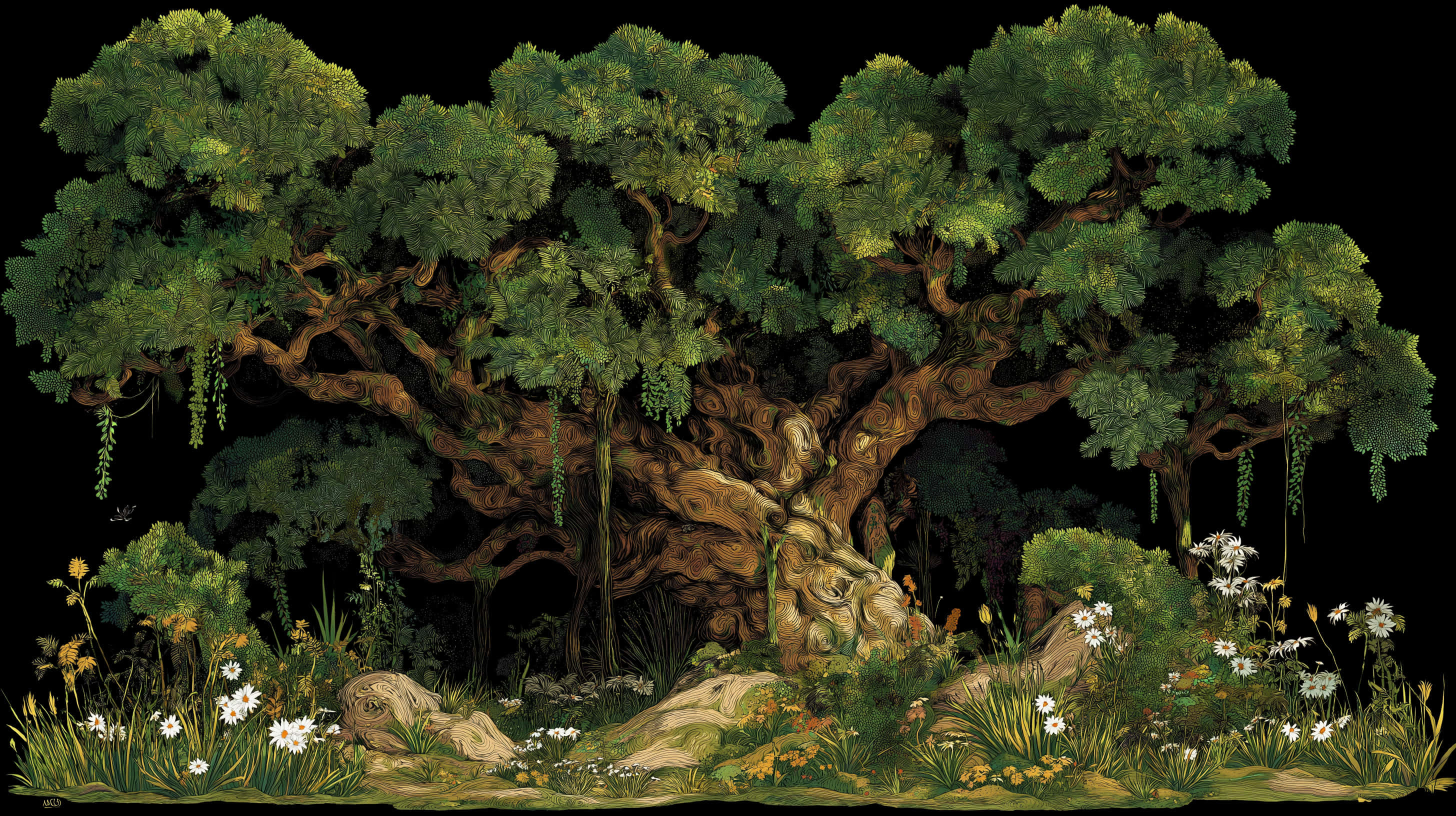 majestic ancient tree, gnarled roots, lush green canopy, 2K Desktop Wallpaper