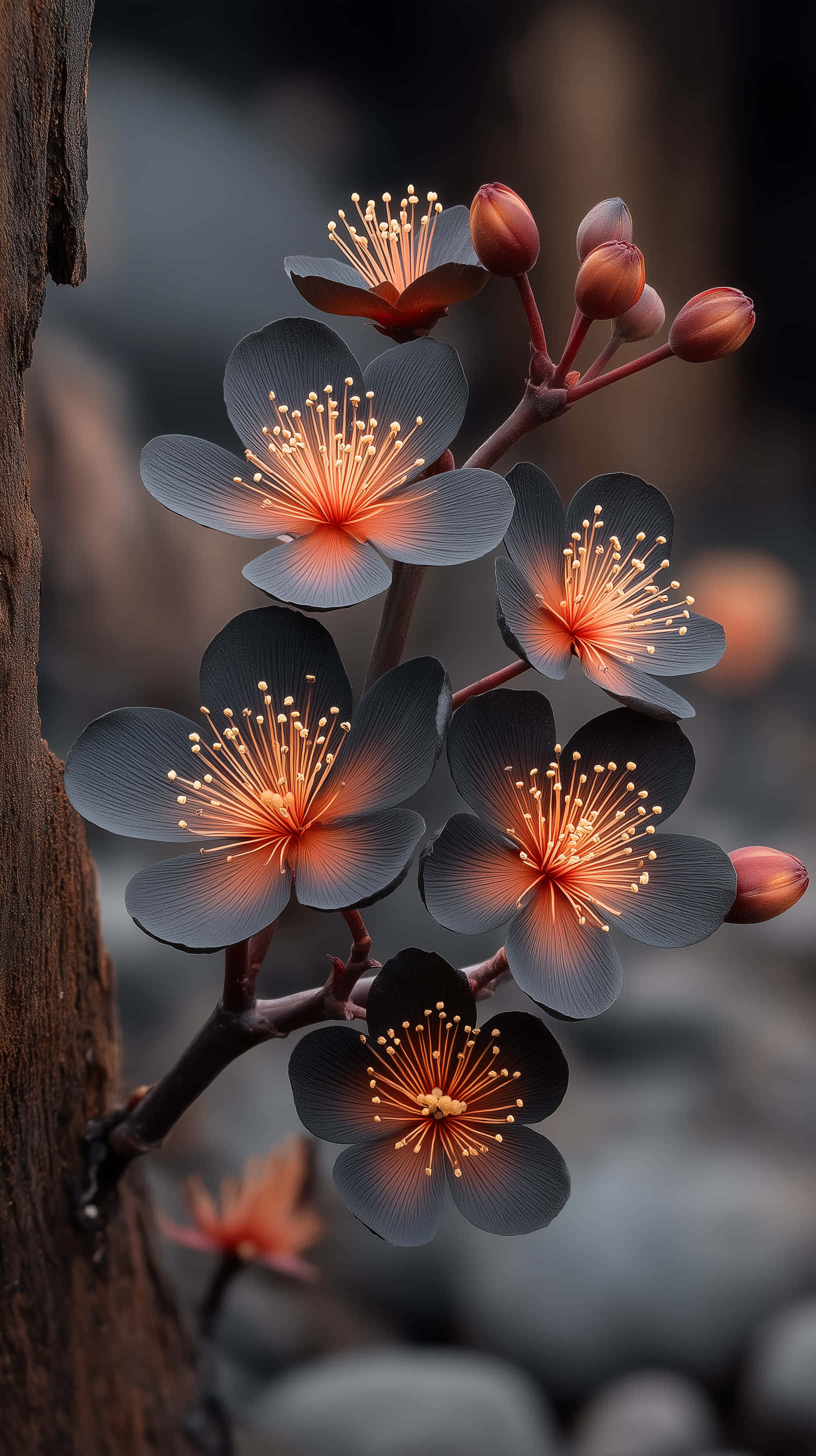 blackened flowers, glowing orange stamens, dark gray blossoms, 2K Phone Wallpaper