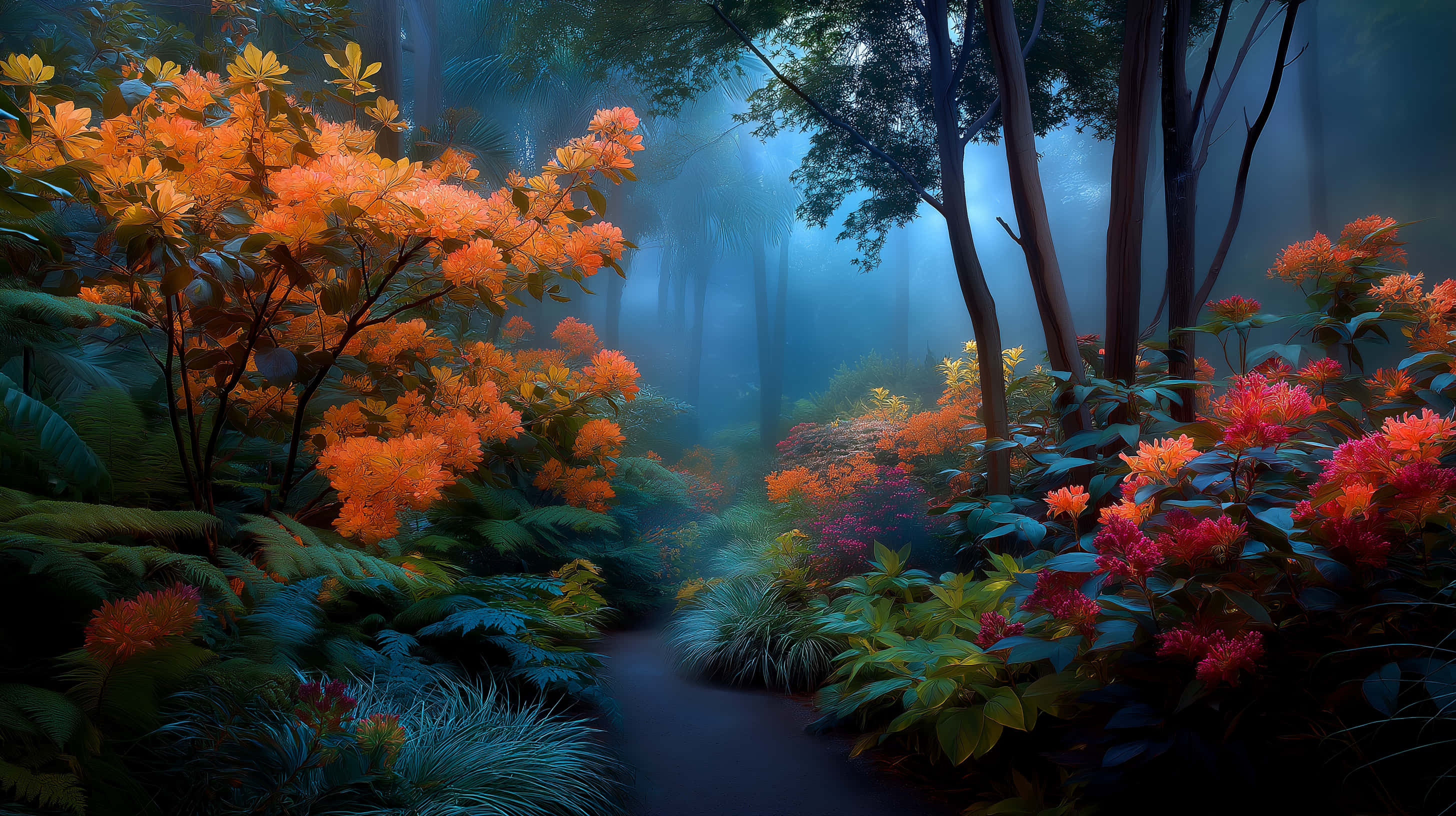 lush garden path, vibrant orange and pink flowering bushes, cool blue haze, 2K Desktop Wallpaper