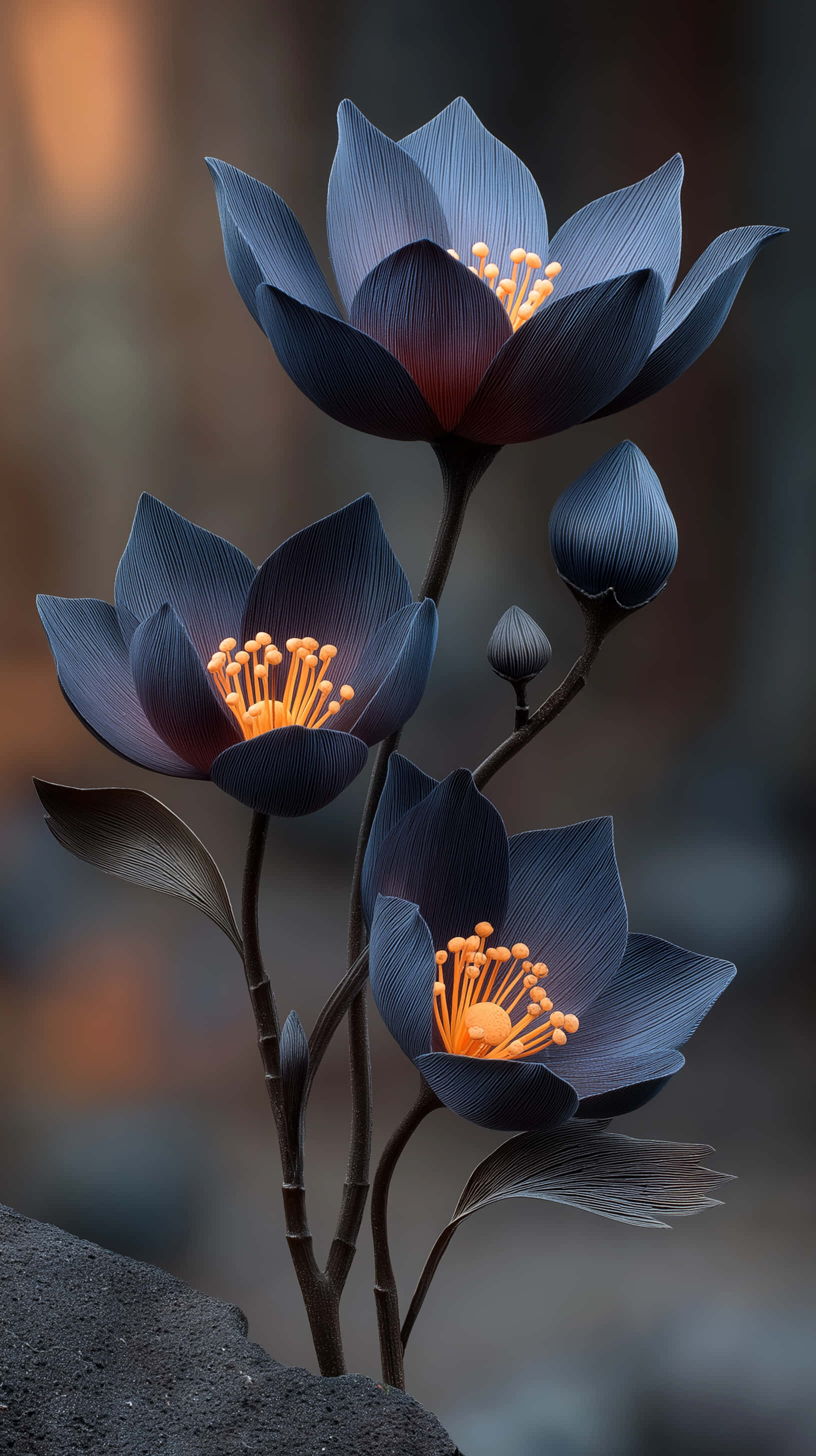 dark blue lotus flowers, glowing orange centers, blurred warm background, 2K Phone Wallpaper