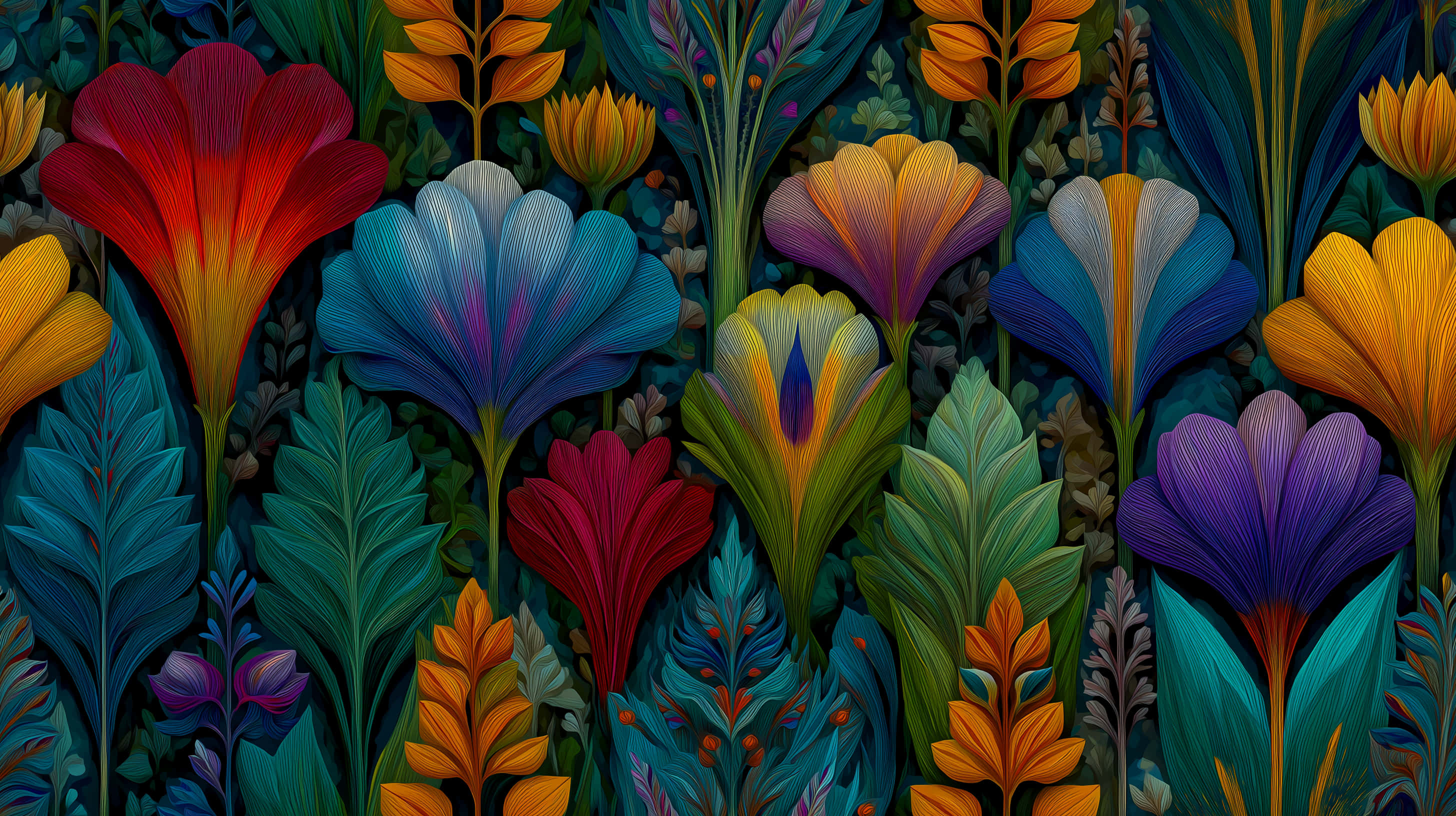 abstract floral pattern, vibrant art nouveau style, red blue purple and orange, 2K Desktop Wallpaper
