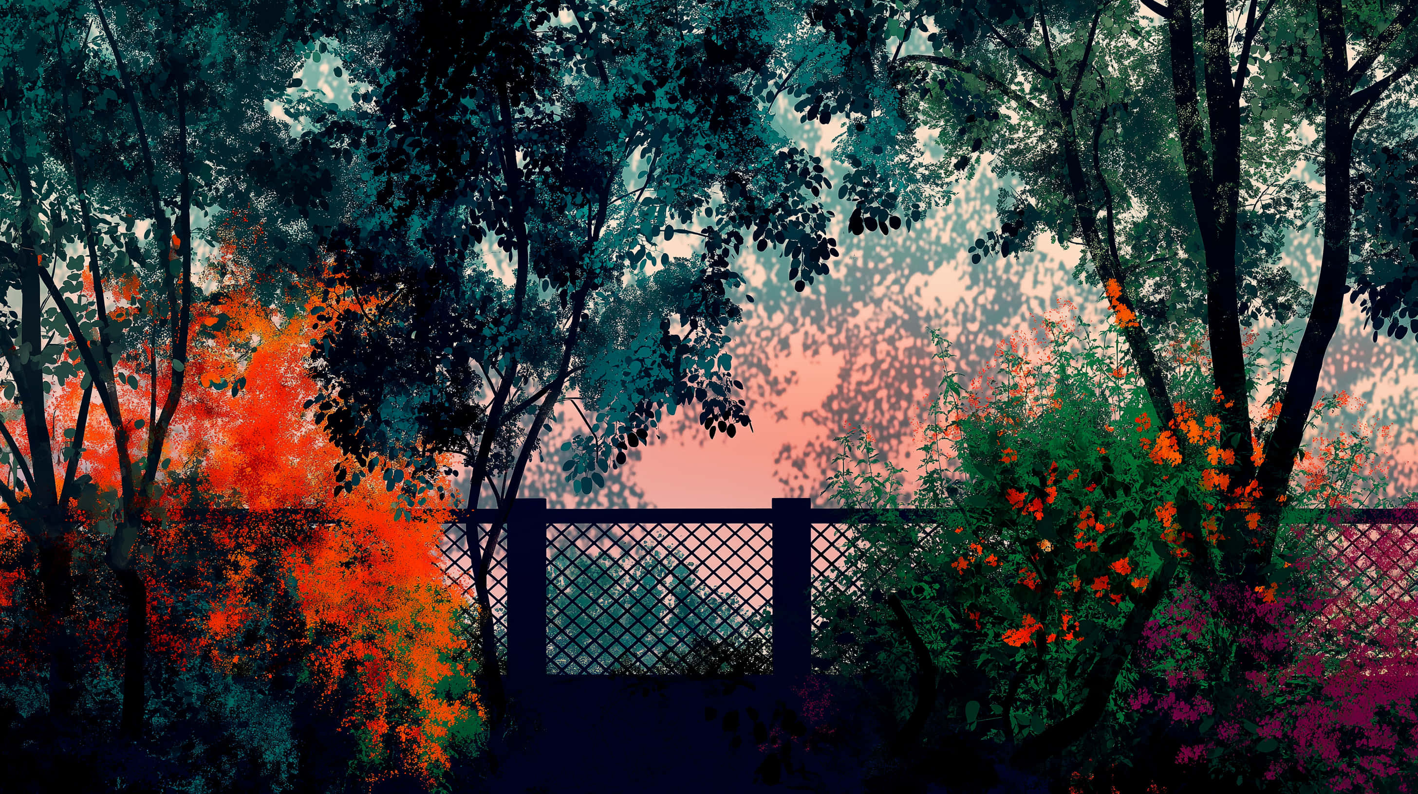 garden vista, lush flora, distant fence, 2K Desktop Wallpaper