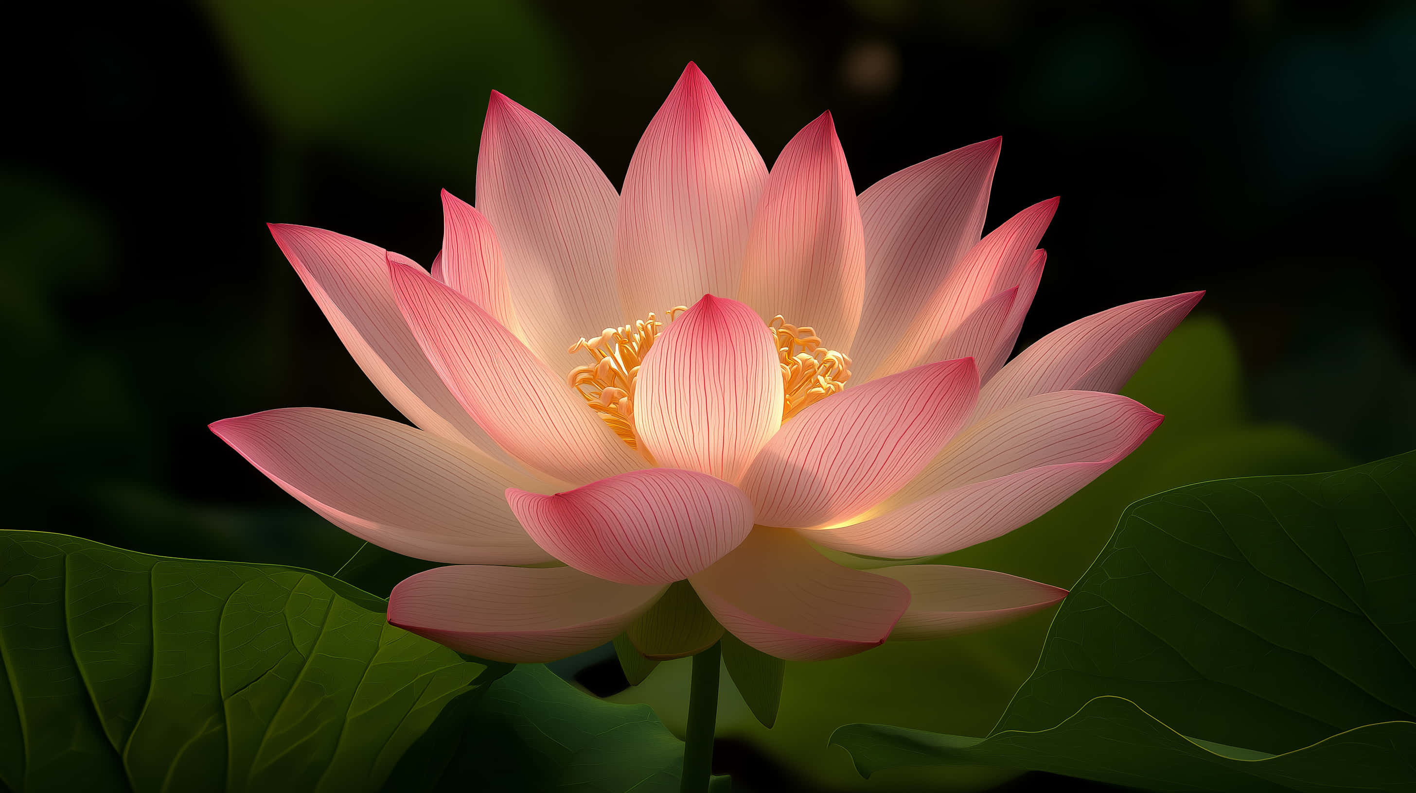 pink lotus flower, sunlight, green leaves, 2K Desktop Wallpaper