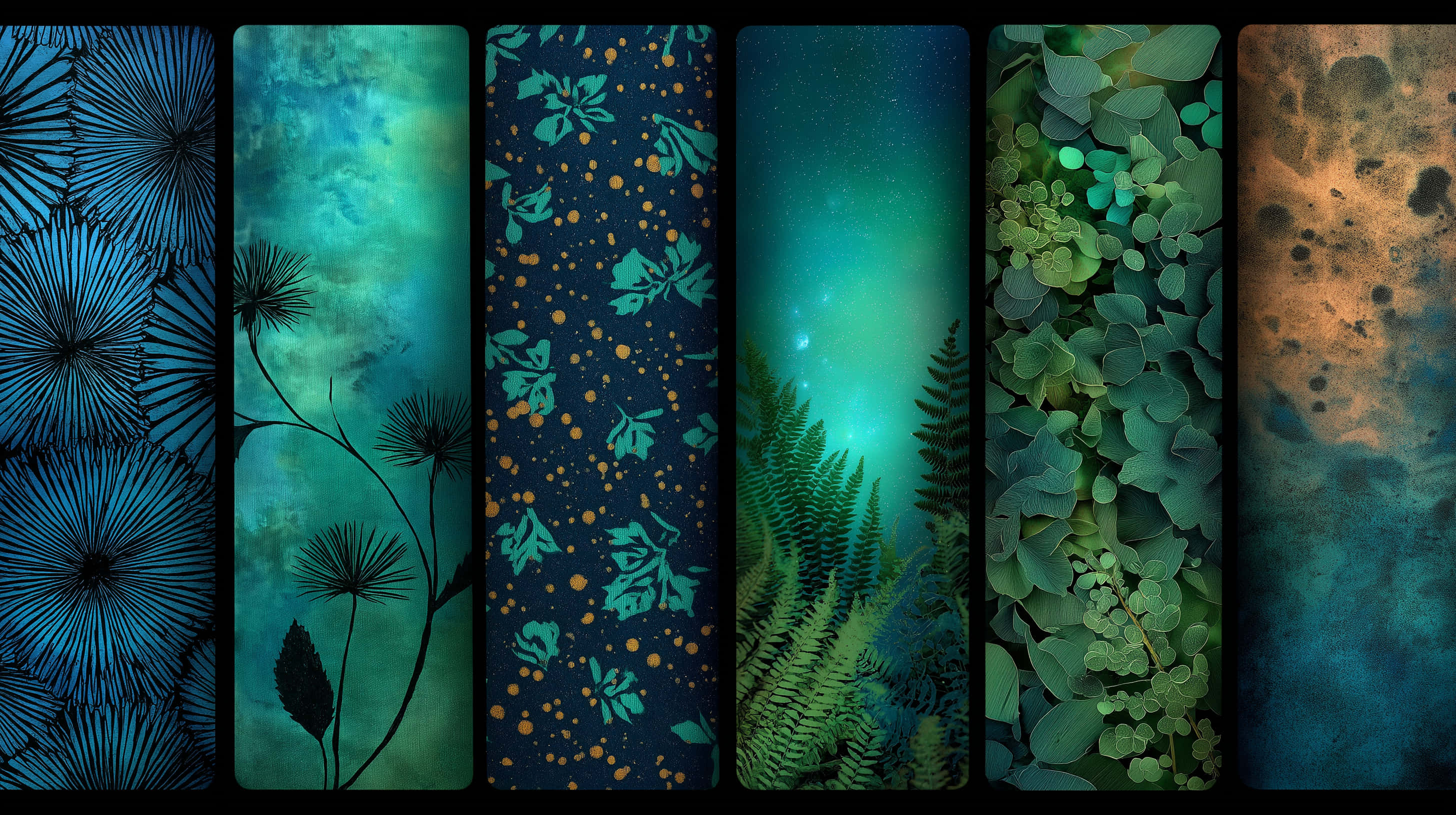 abstract botanical and cosmic patterns, teal blue green, earthy brown tones, 2K Desktop Wallpaper