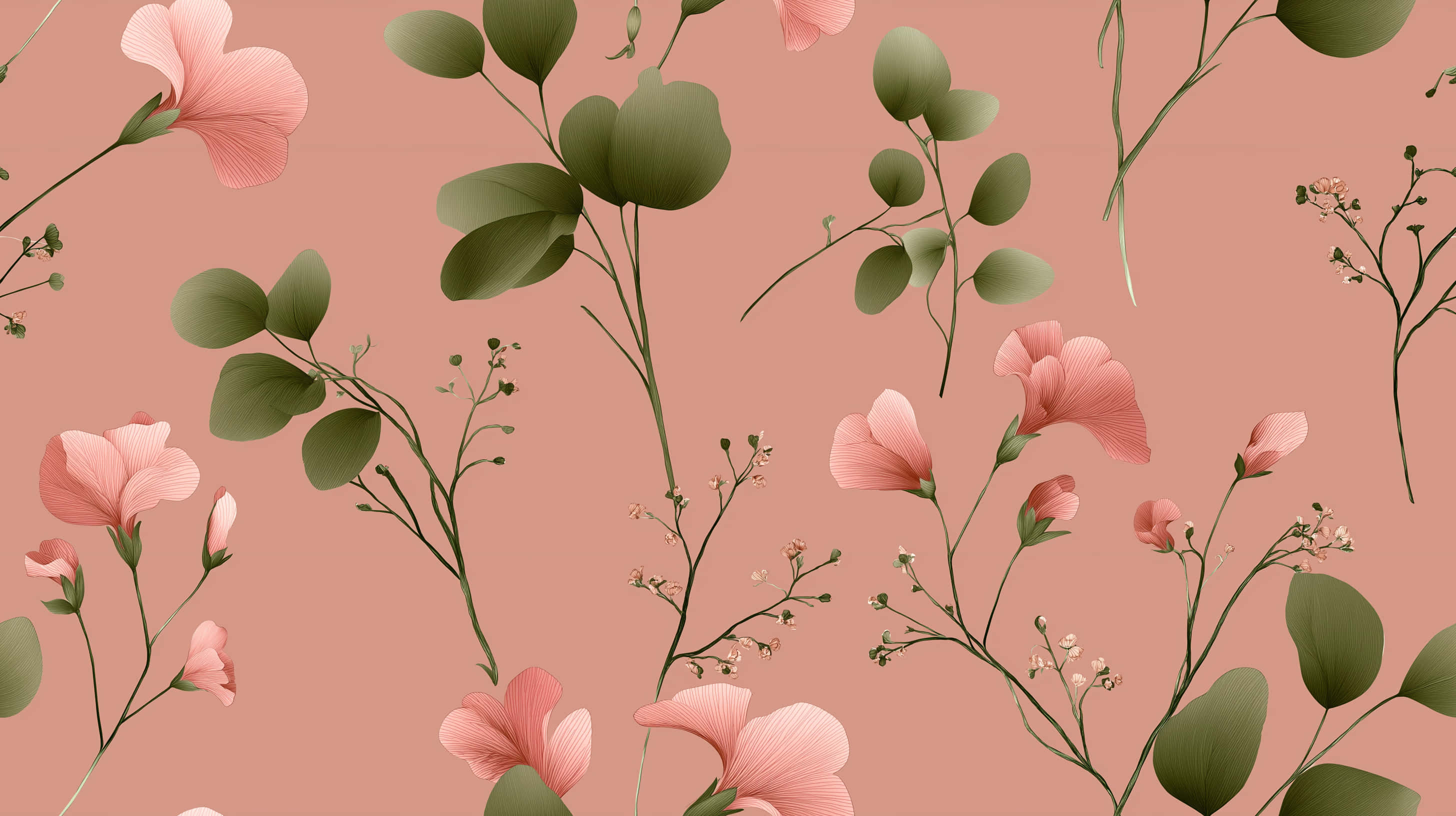 delicate watercolor floral pattern, pink blossoms, green eucalyptus leaves, 2K Desktop Wallpaper