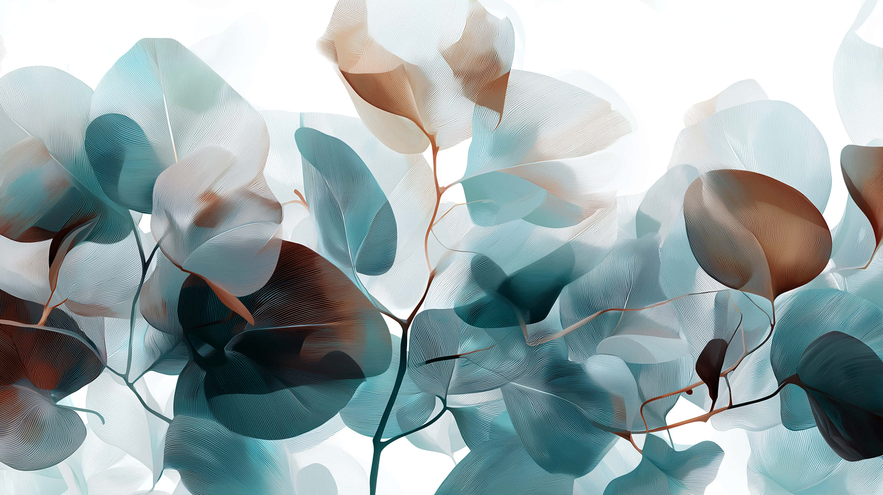 translucent leaves, teal and brown, bright white background, 2K Desktop Wallpaper