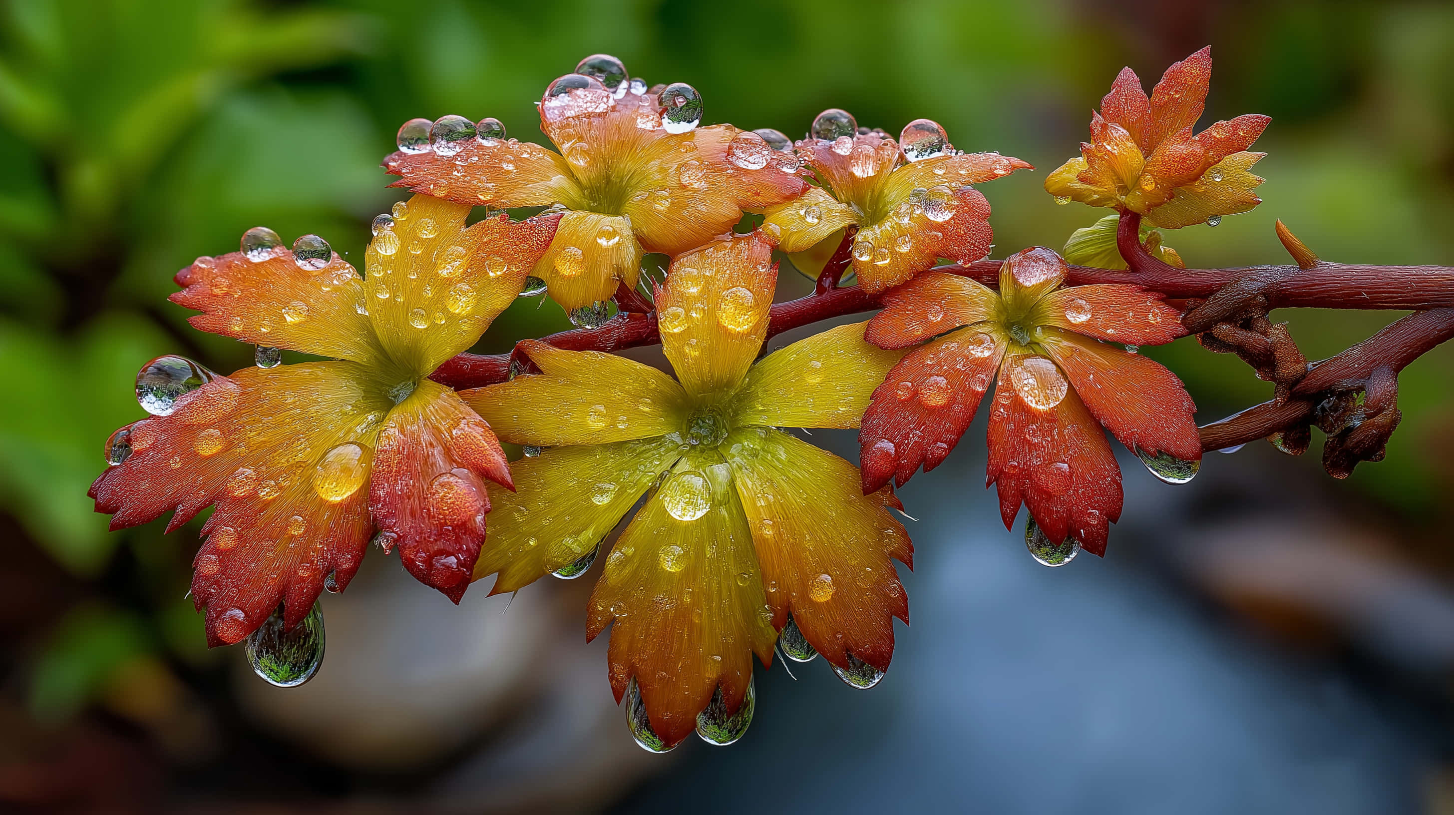 delicate plant branch, vibrant orange and yellow flowers, glistening water droplets, 2K Desktop Wallpaper