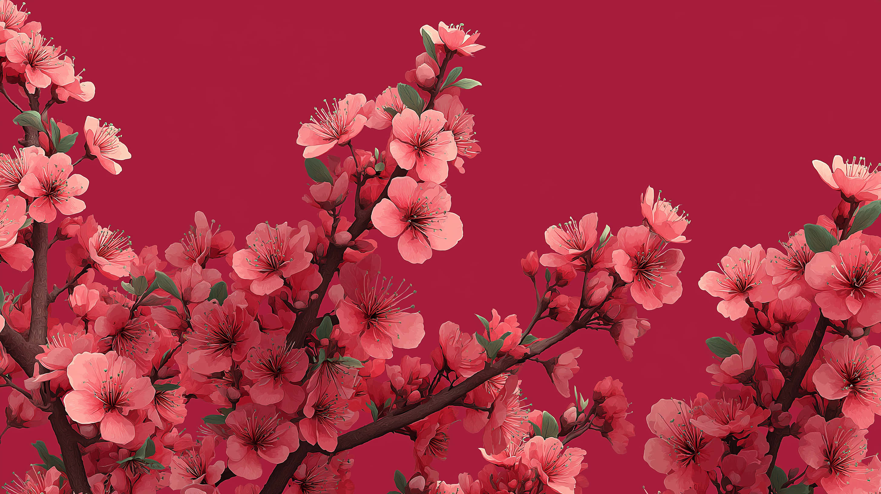 vibrant digital illustration, delicate pink cherry blossoms, dark branches, 2K Desktop Wallpaper