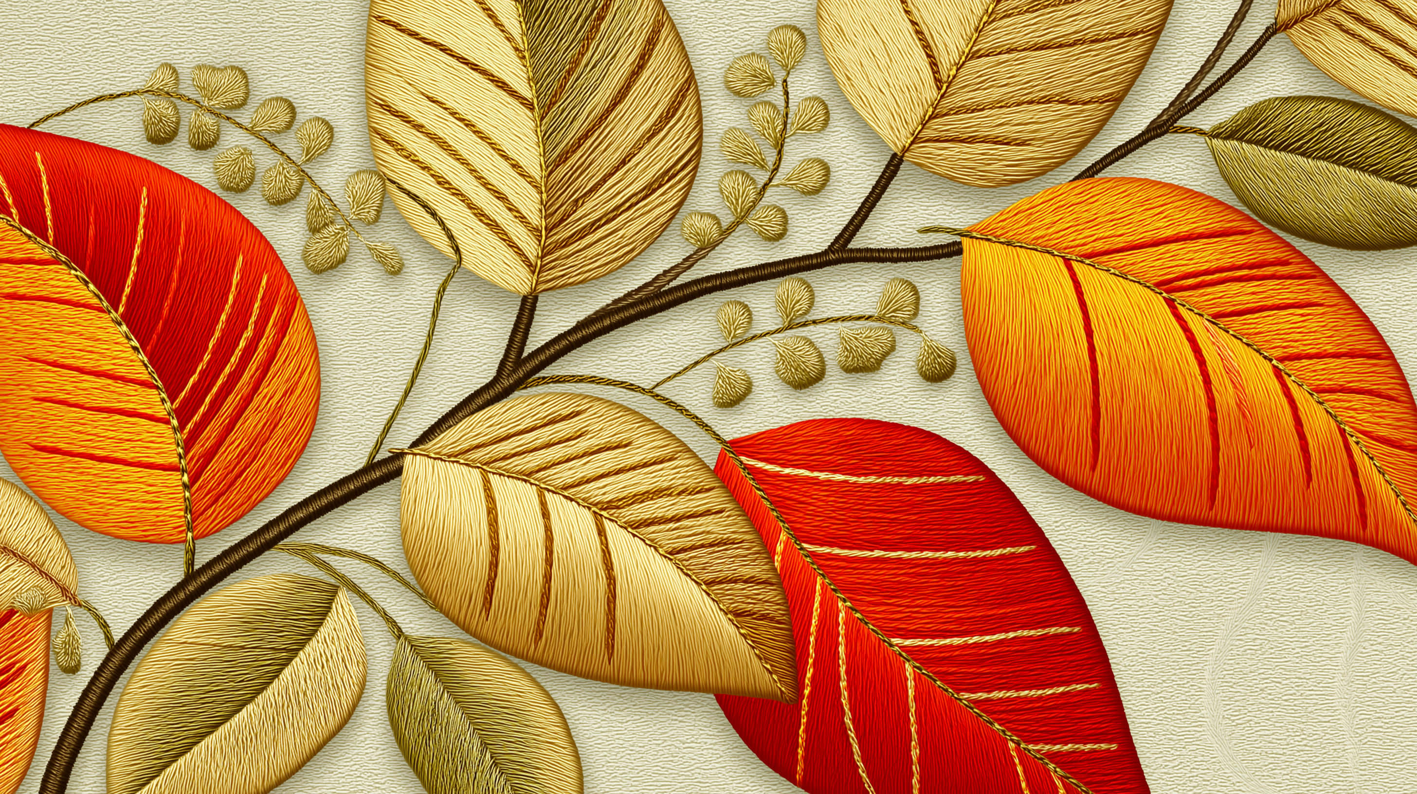 autumn leaves, branch embroidery, red orange, 2K Desktop Wallpaper