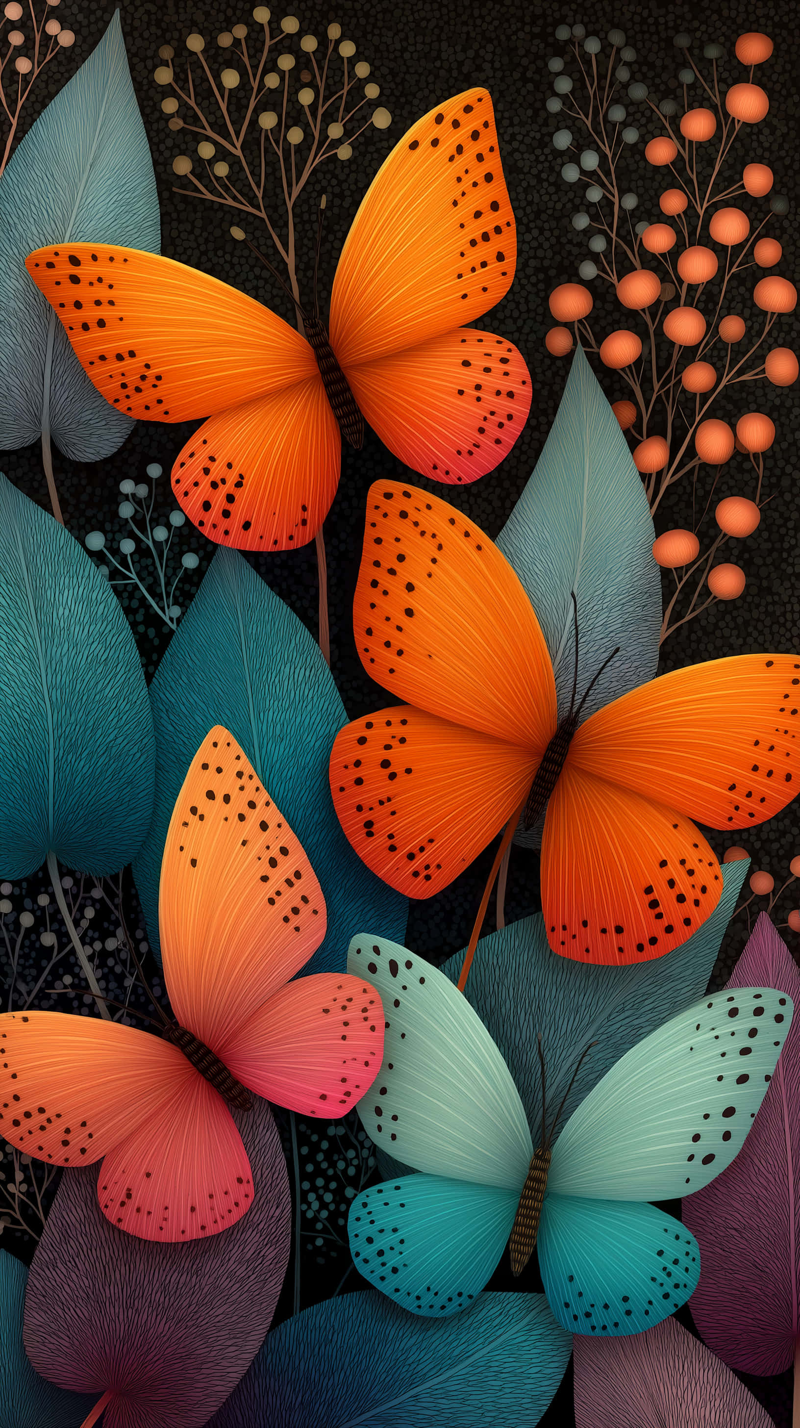 vibrant orange, teal, black spots, 2K Phone Wallpaper