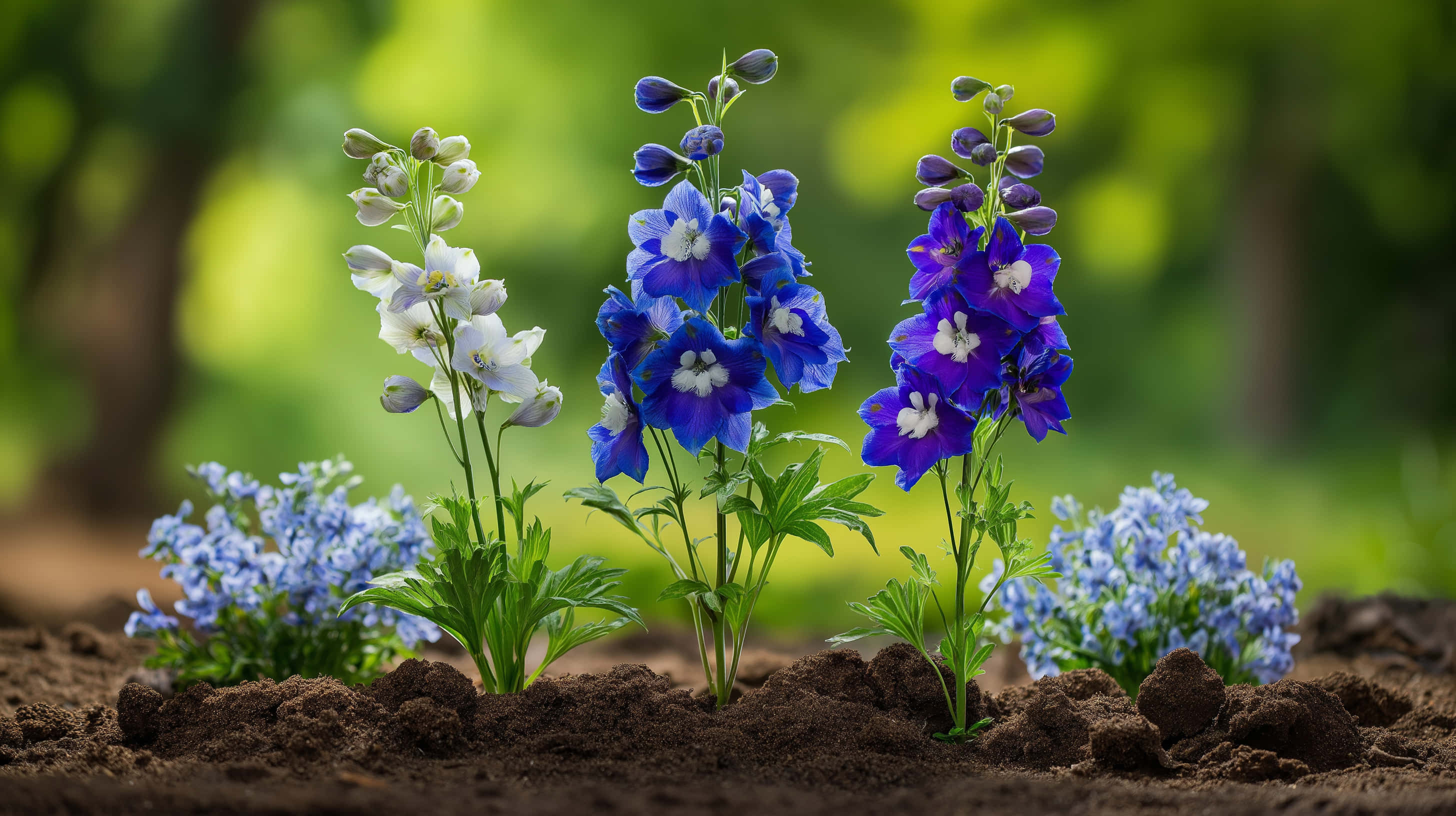 three larkspur plants, garden bed, green background, 2K Desktop Wallpaper