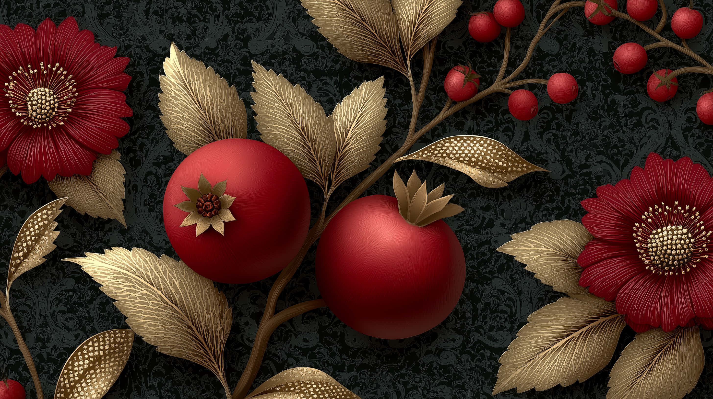 vintage damask pattern, pomegranates, golden leaves, 2K Desktop Wallpaper