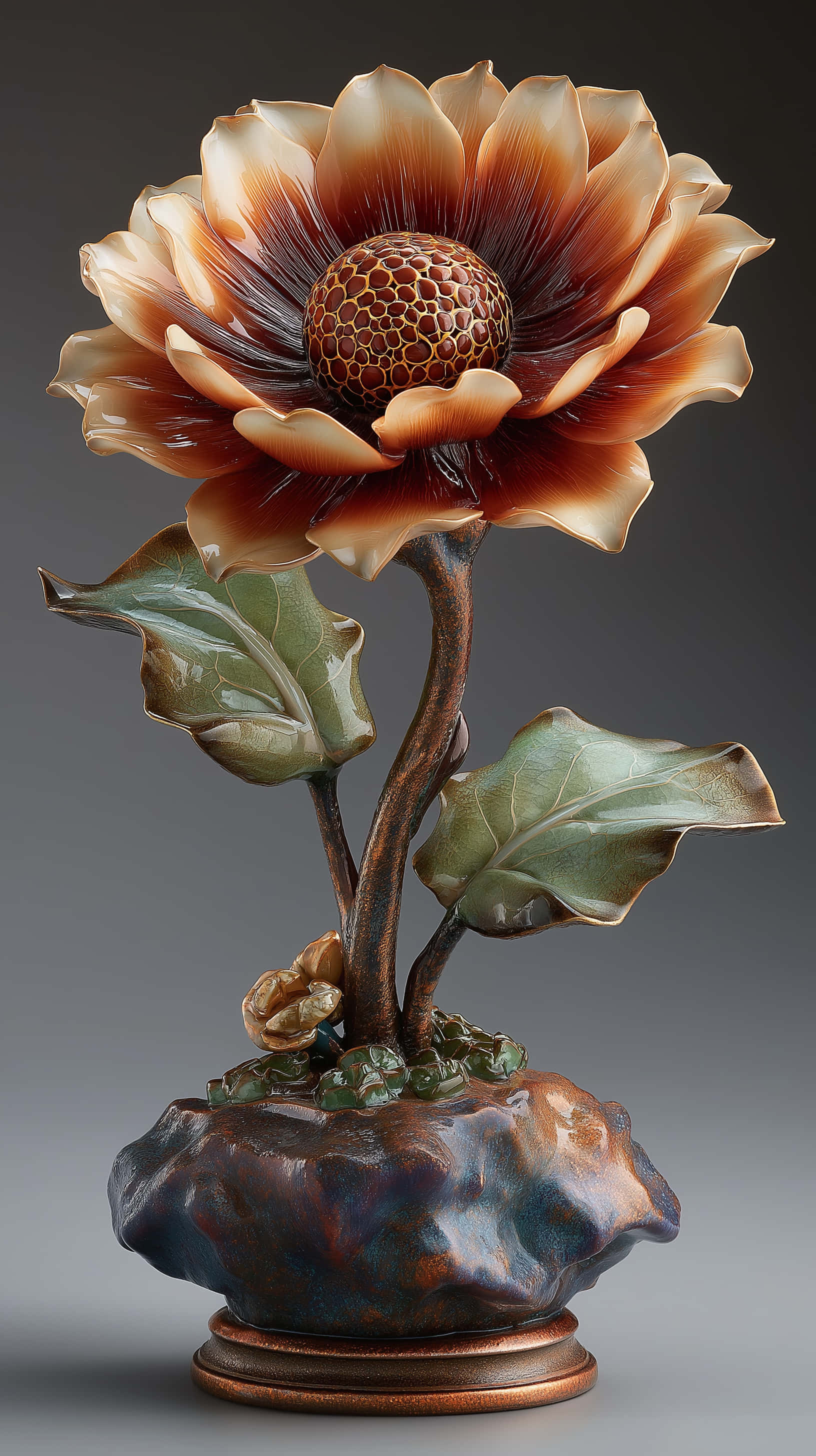lacquer floral sculpture, golden mother of pearl, gradient brown petals, 2K Phone Wallpaper