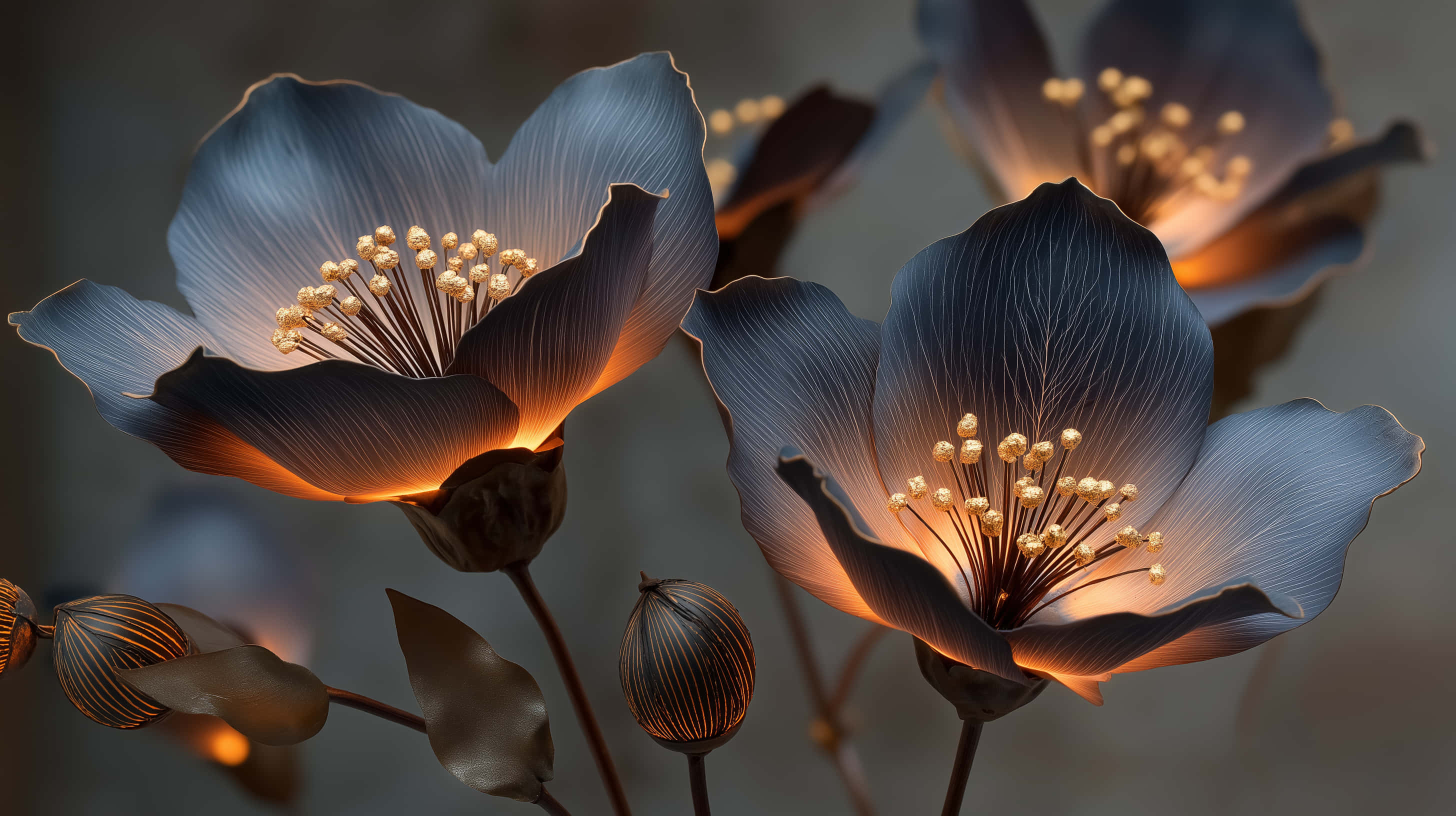 blue flowers, glowing amber centers, intricate veined petals, 2K Desktop Wallpaper