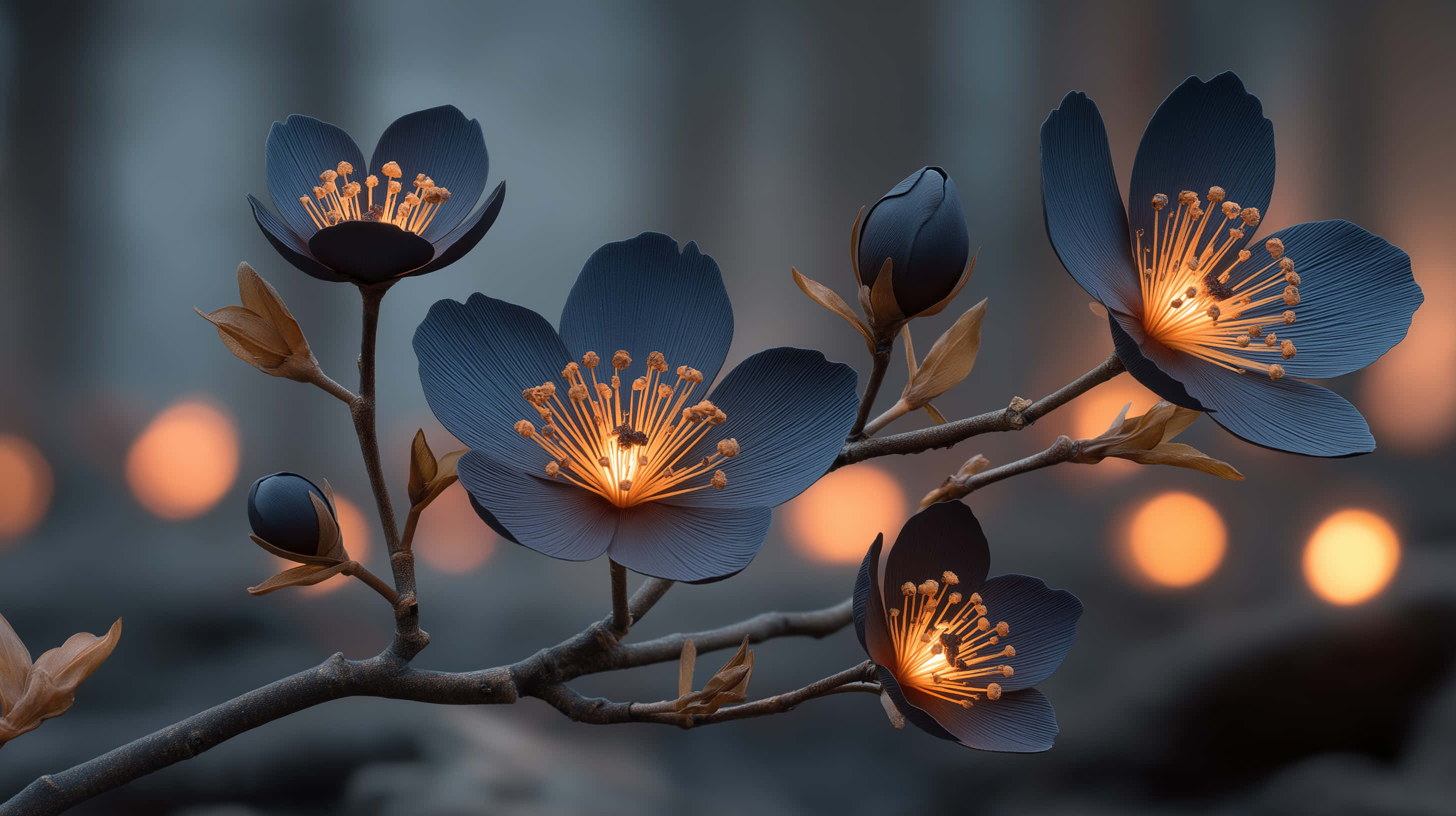 dark blue blossoms, glowing orange stamens, branch, 2K Desktop Wallpaper