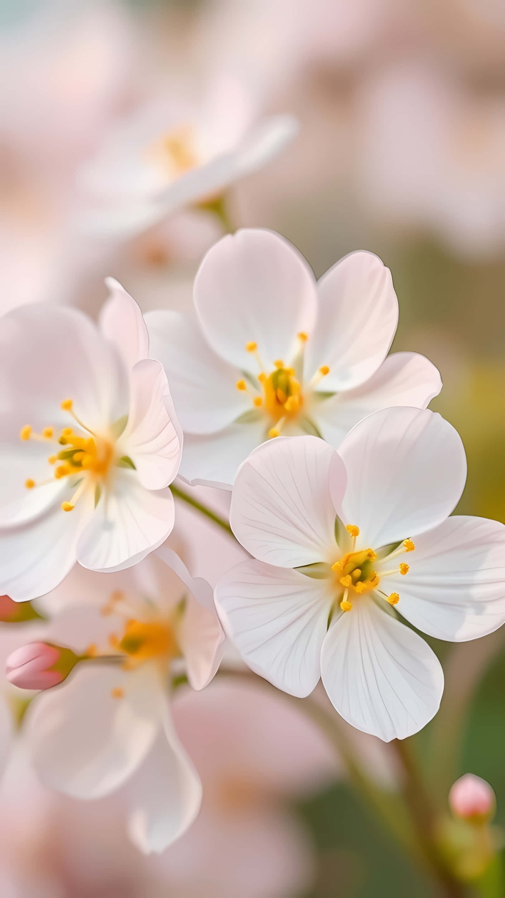 soft white cherry blossoms, yellow stamens, blurred pink and green background, 2K Phone Wallpaper