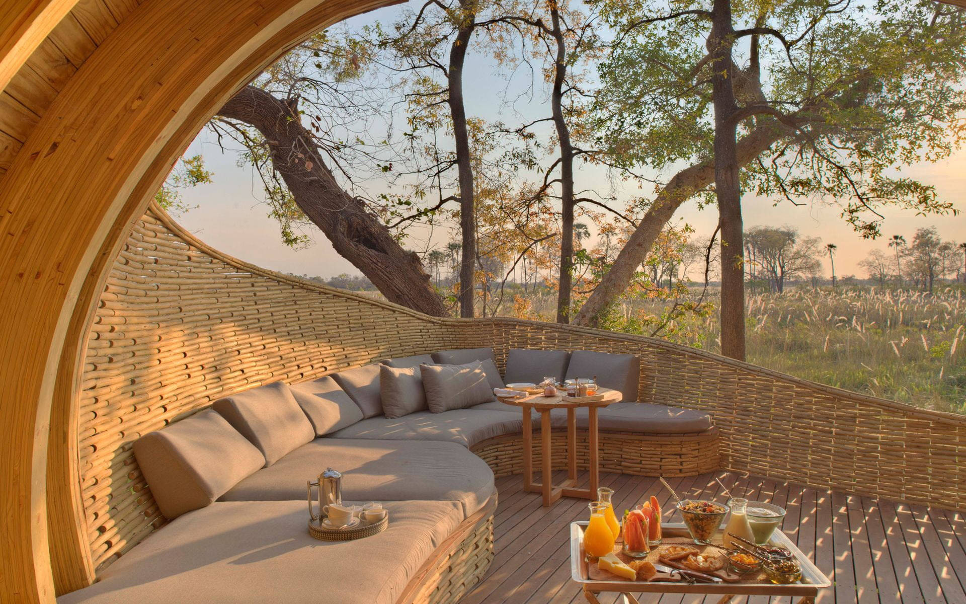 Botswana, luxury cabana, curved wooden treehouse lounge, Full HD Desktop Wallpaper
