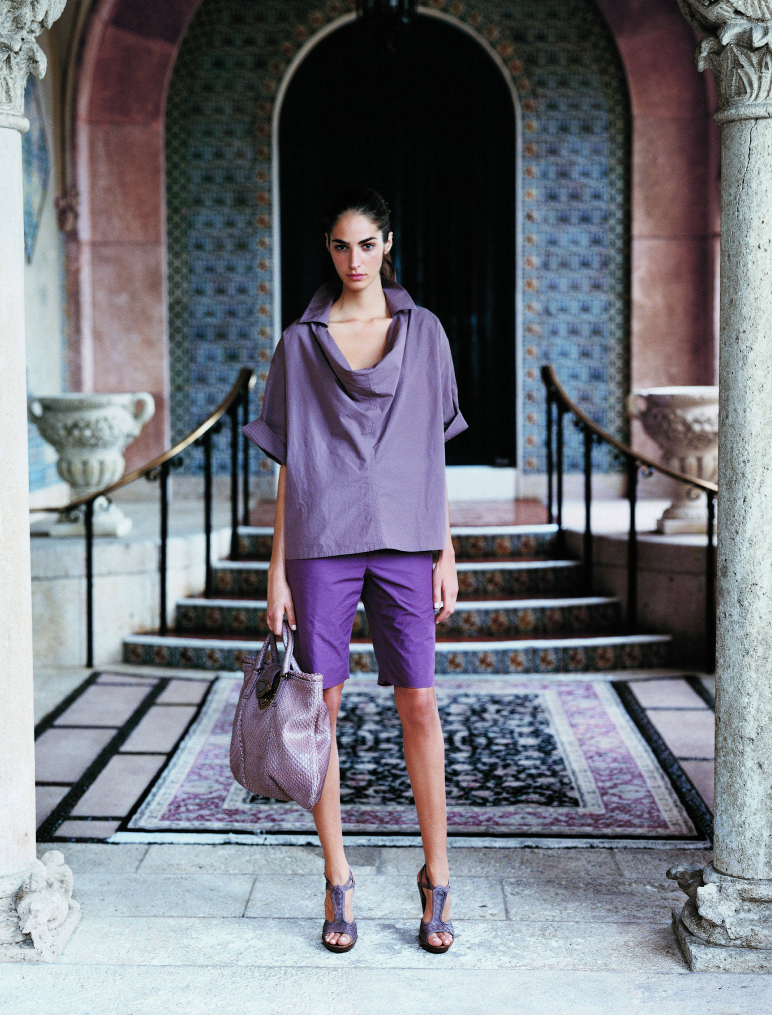Bottega Veneta, all-purple outfit, tiled courtyard staircase, 2K Phone Wallpaper