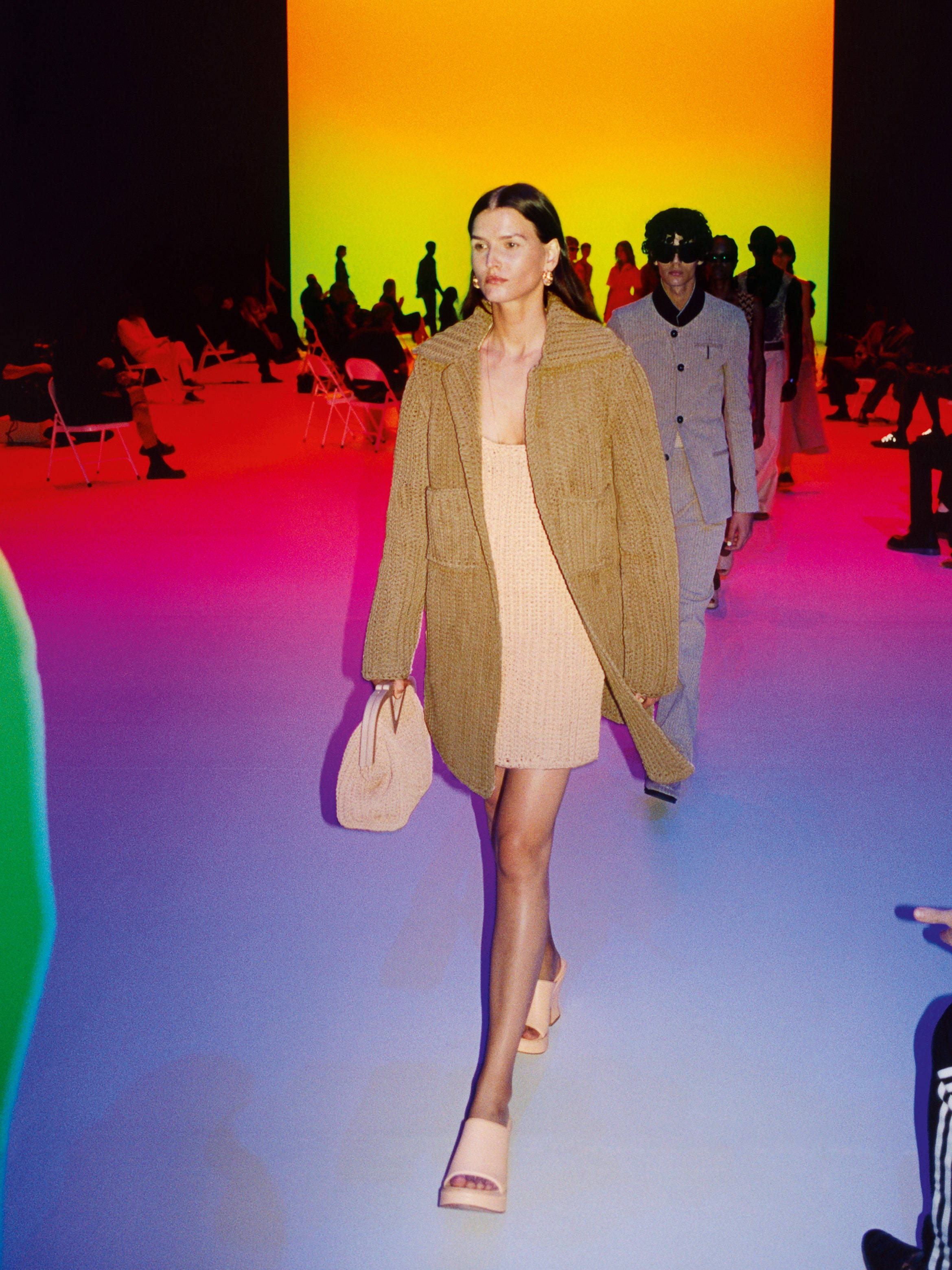 Bottega Veneta, runway, vibrant gradient lighting, 2K Phone Wallpaper