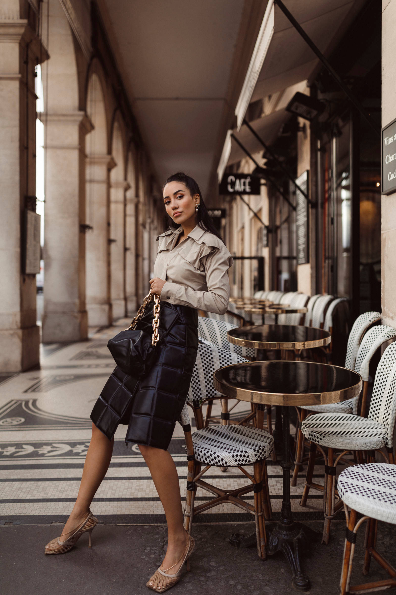 Bottega Veneta, beige blouse, black puffer skirt, Full HD Phone Wallpaper