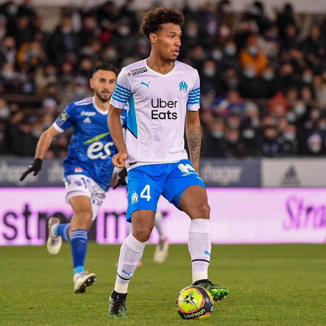 Boubacar Kamara, white and blue uniform, colorful ball, SD Desktop Wallpaper