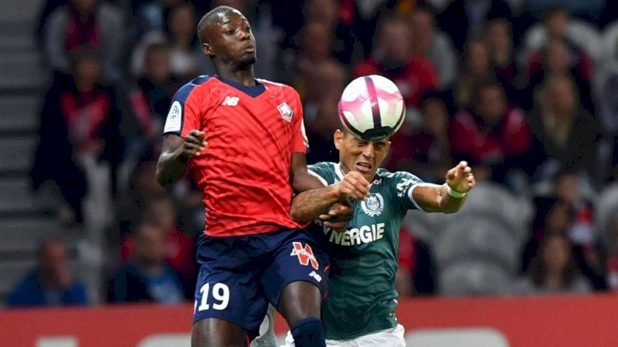 Boubakary Soumaré, pink and white patterned ball, stadium lights, Full HD Desktop Wallpaper