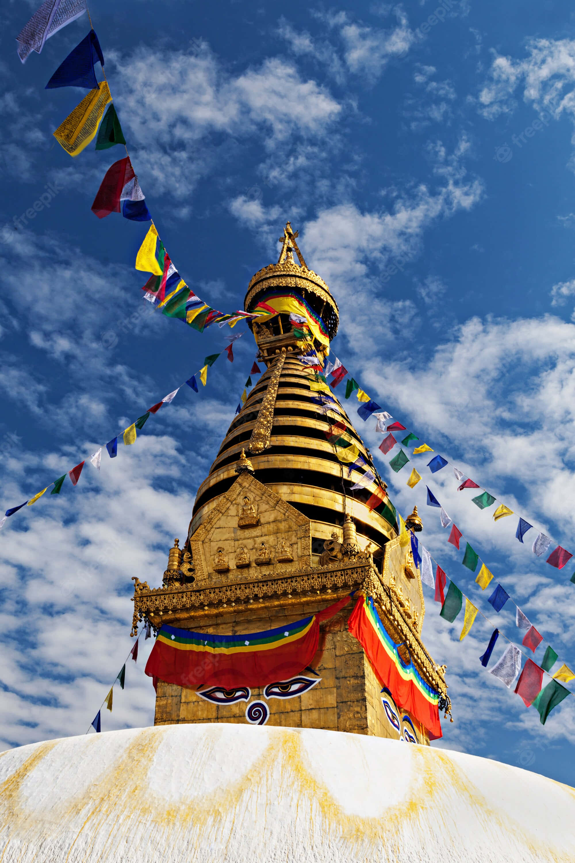 Boudhanath Stupa, golden stupa, prayer flags, 2K Phone Wallpaper