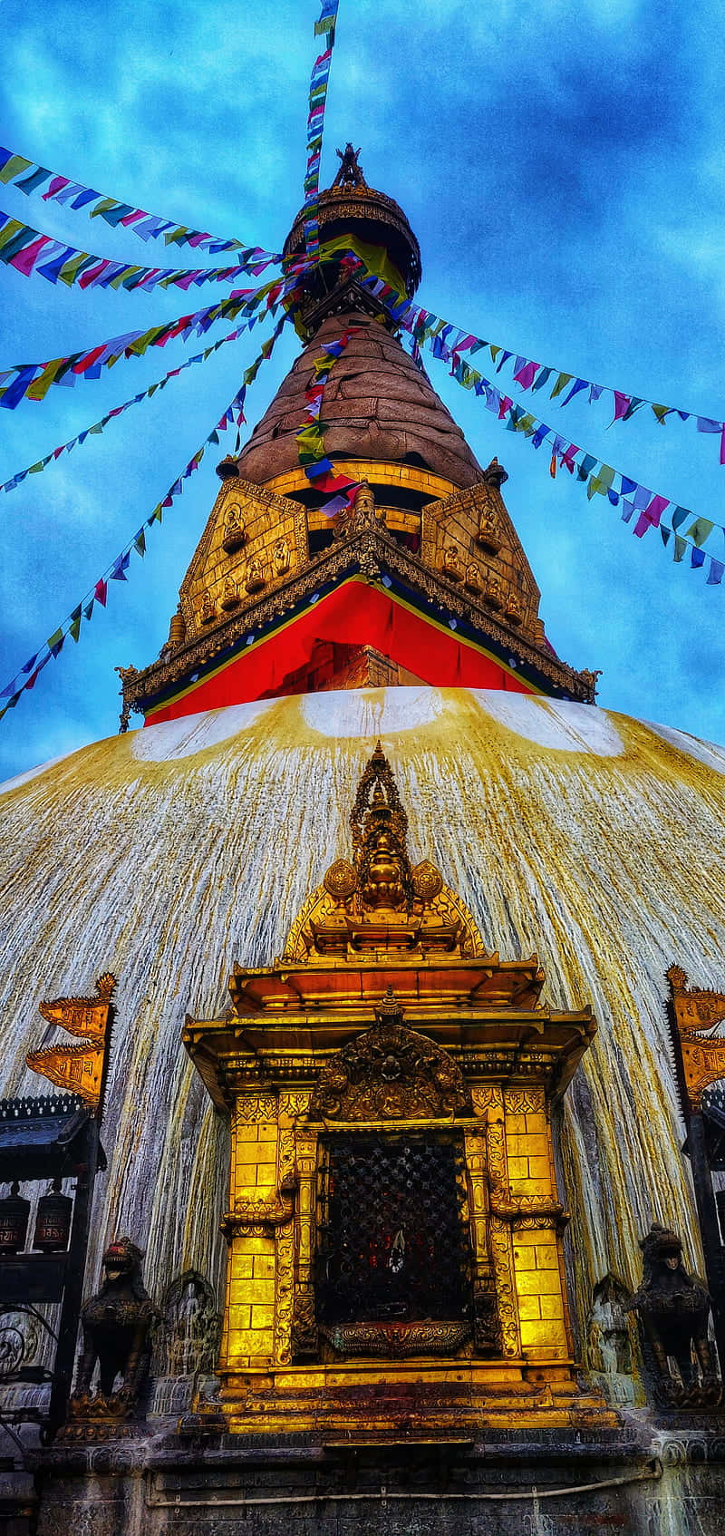 Boudhanath Stupa, golden entrance, prayer flags, HD Phone Wallpaper