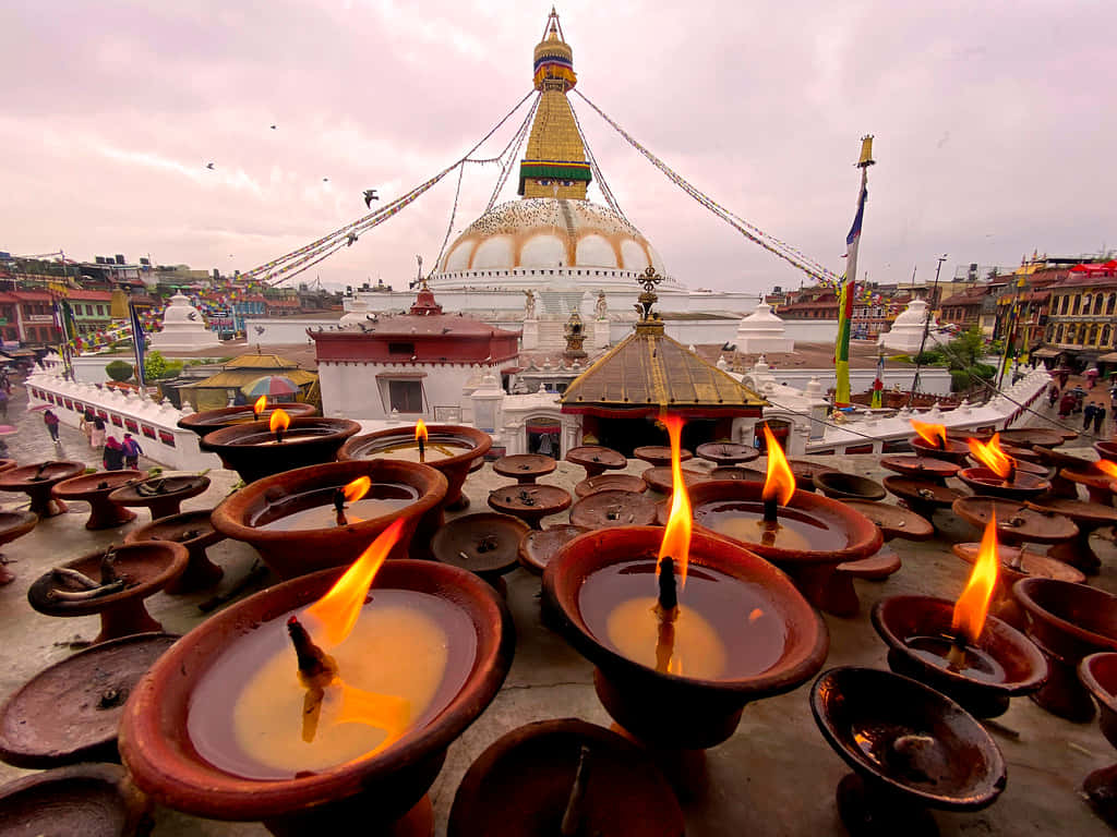Boudhanath Stupa, oil lamps, flickering, SD Desktop Wallpaper