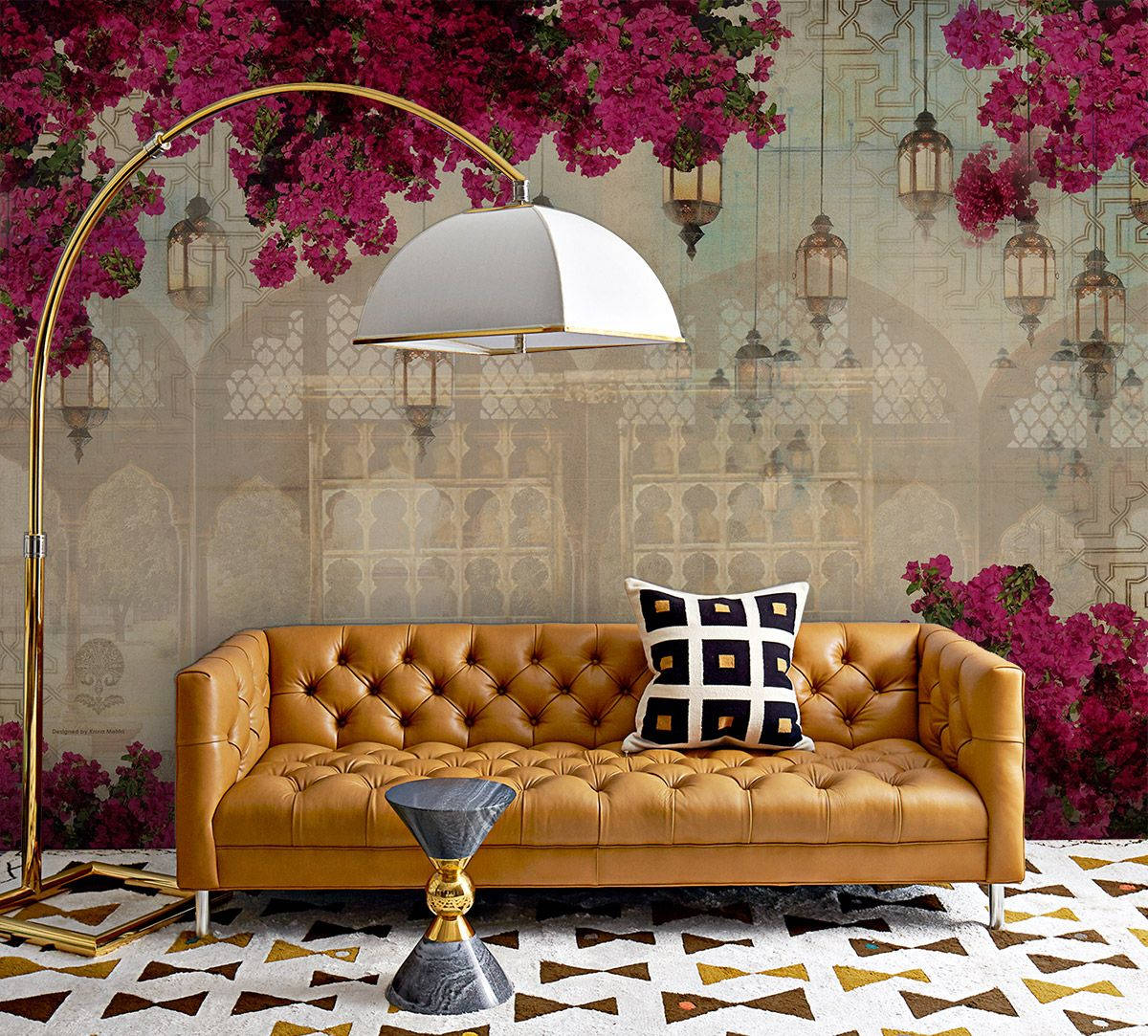 Bougainvillea Flowers, tan tufted leather sofa, magenta flowers, SD Desktop Wallpaper