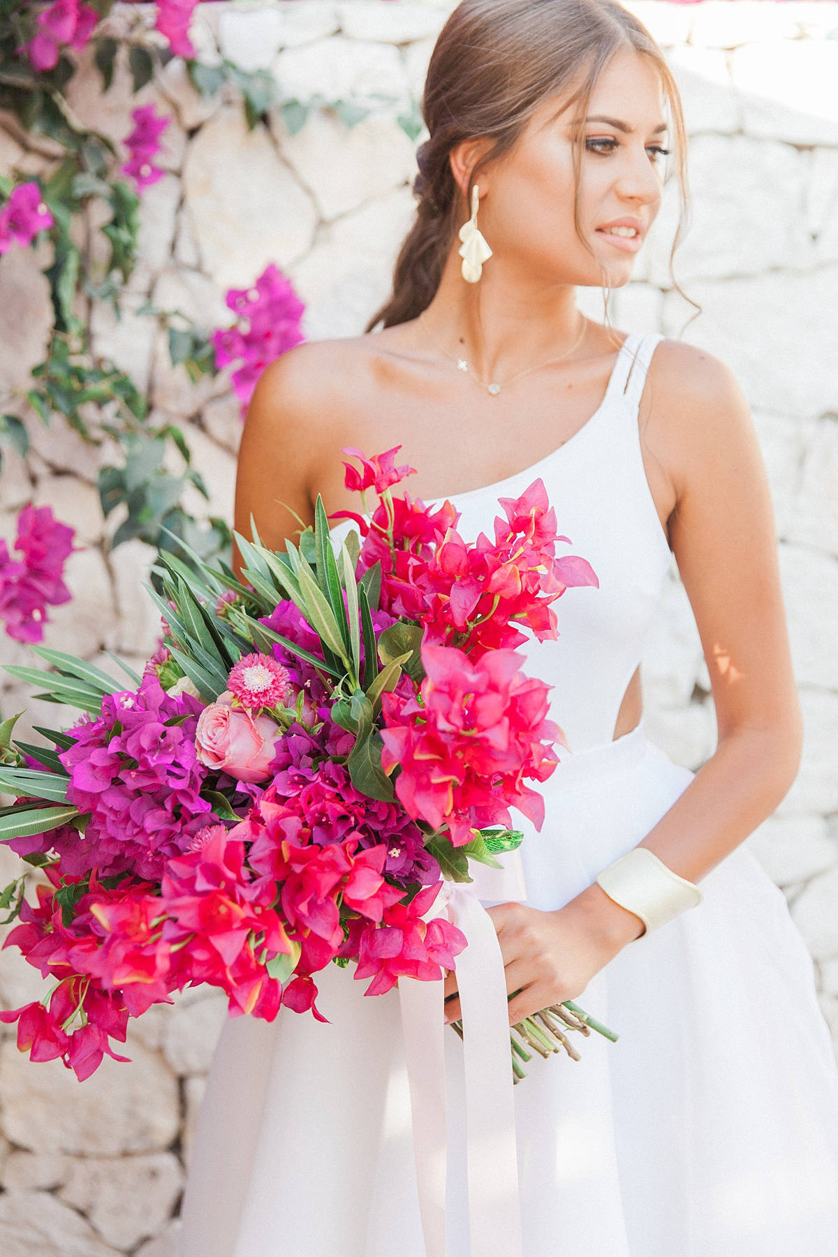 bougainvillea, pink and magenta flowers, white dress, HD Phone Wallpaper