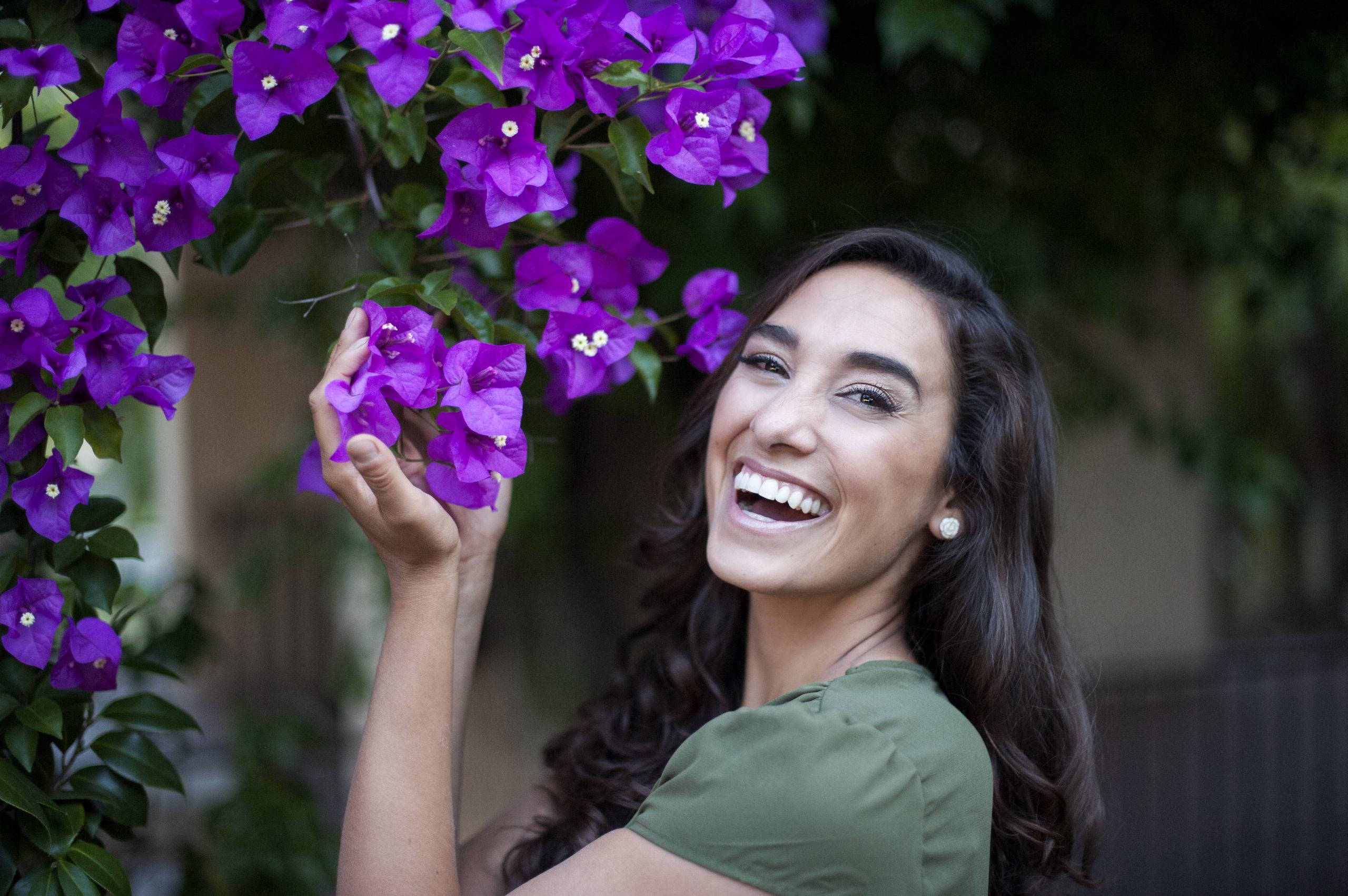 purple bougainvillea flowers, joyful woman, vibrant purple, 2K Desktop Wallpaper